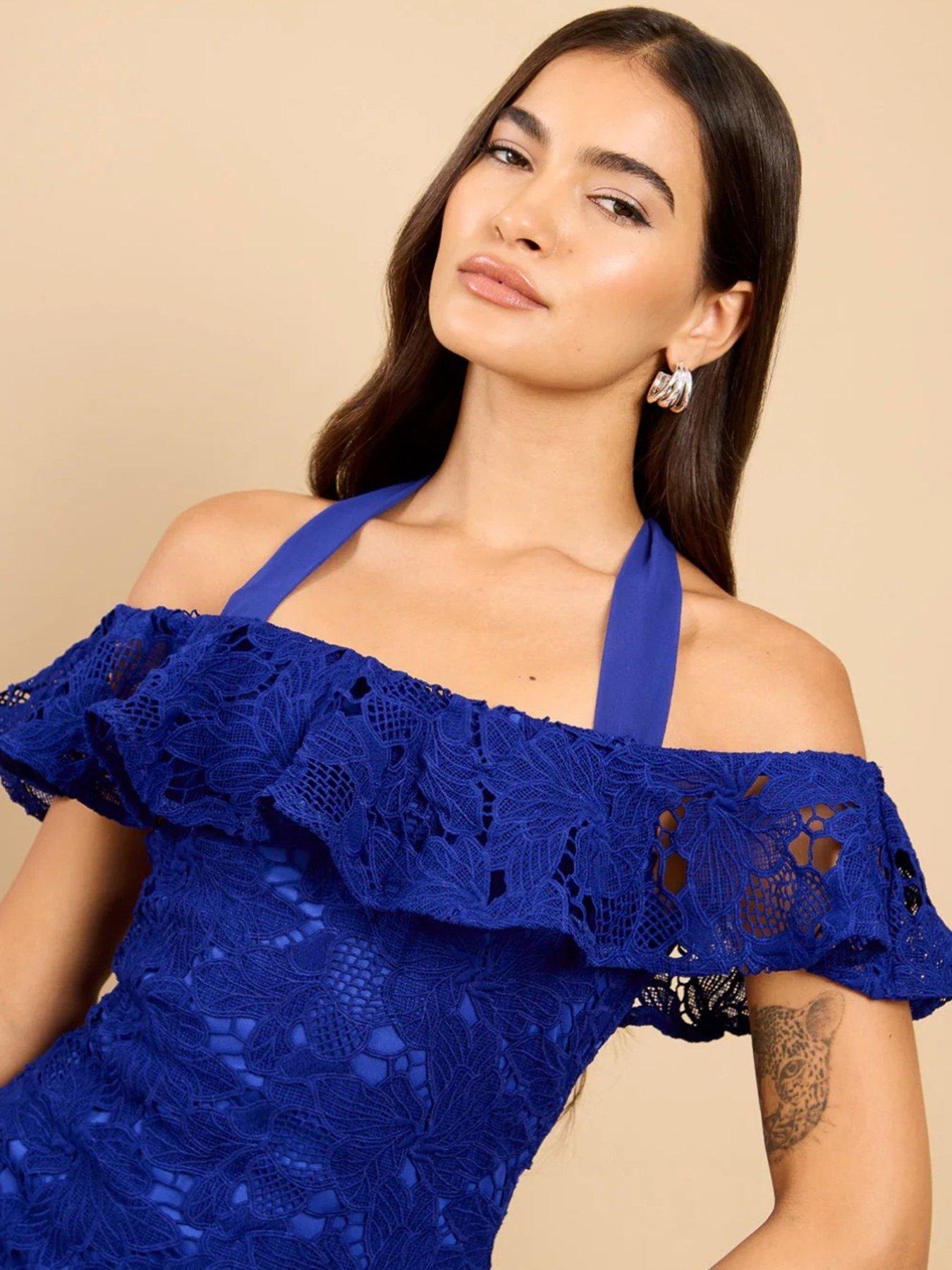 Little Mistress Blue Crochet Bardot Midaxi Dress | Very