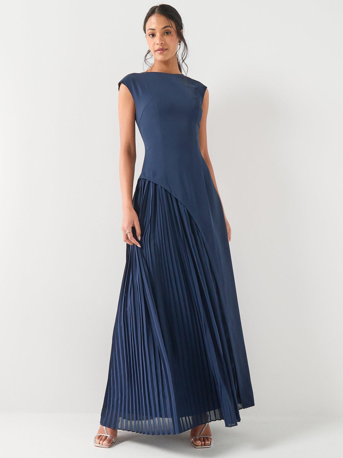 strapless open back dress IZEL PADDED PLEATED FLARE MAXI DRESS (OXFORD NAVY) – VOSTELO main image 0