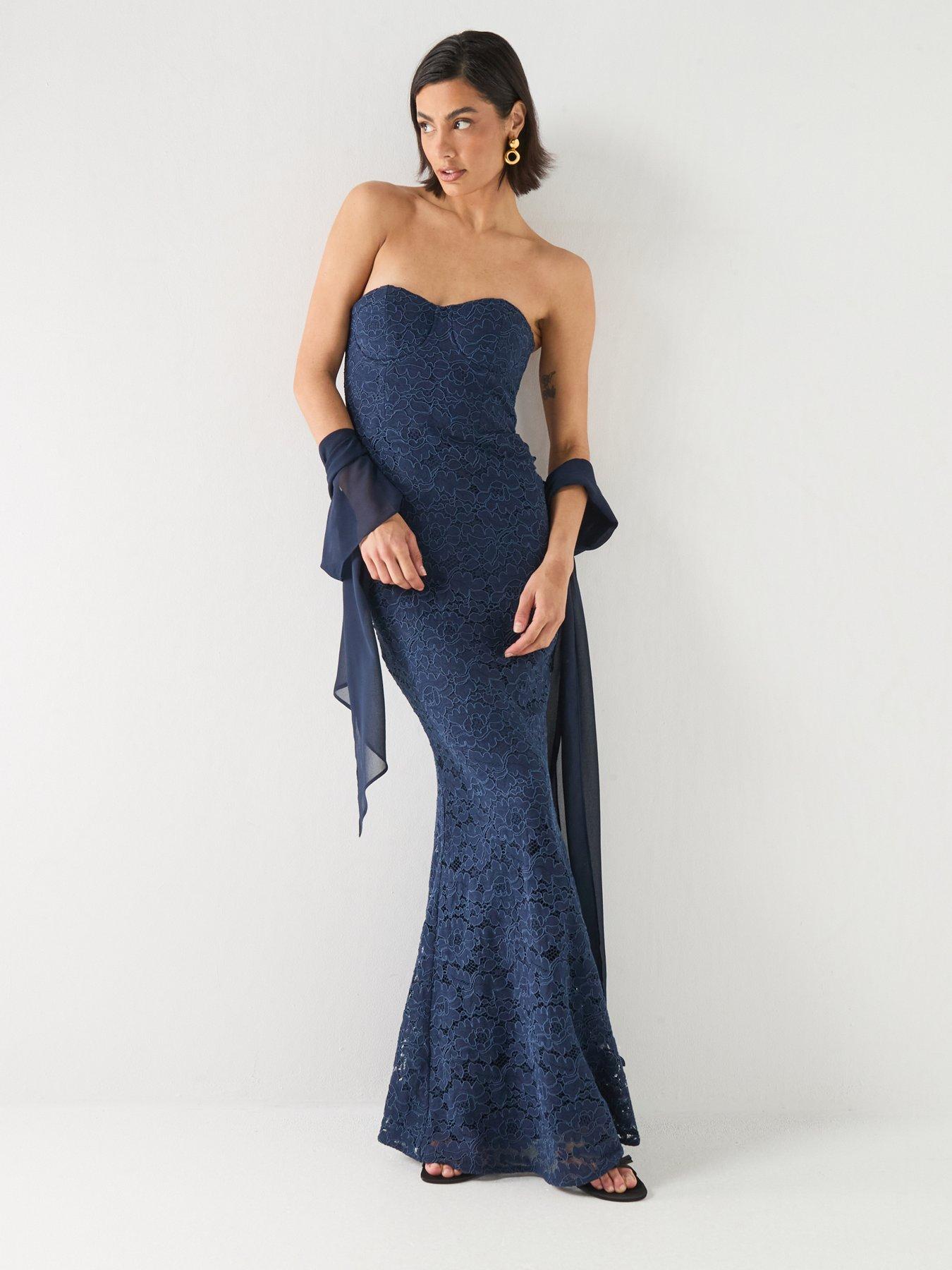Six Stories Lace Corset Maxi Dress With Neck Scarf- Navy