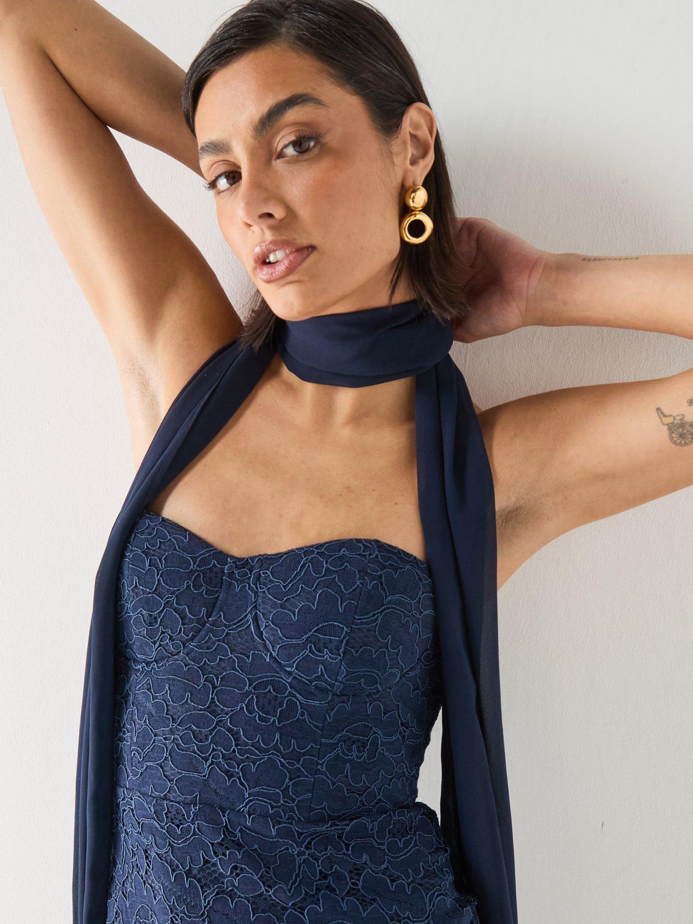 Six Stories Lace Corset Maxi Dress with Neck Scarf - Navy | Very