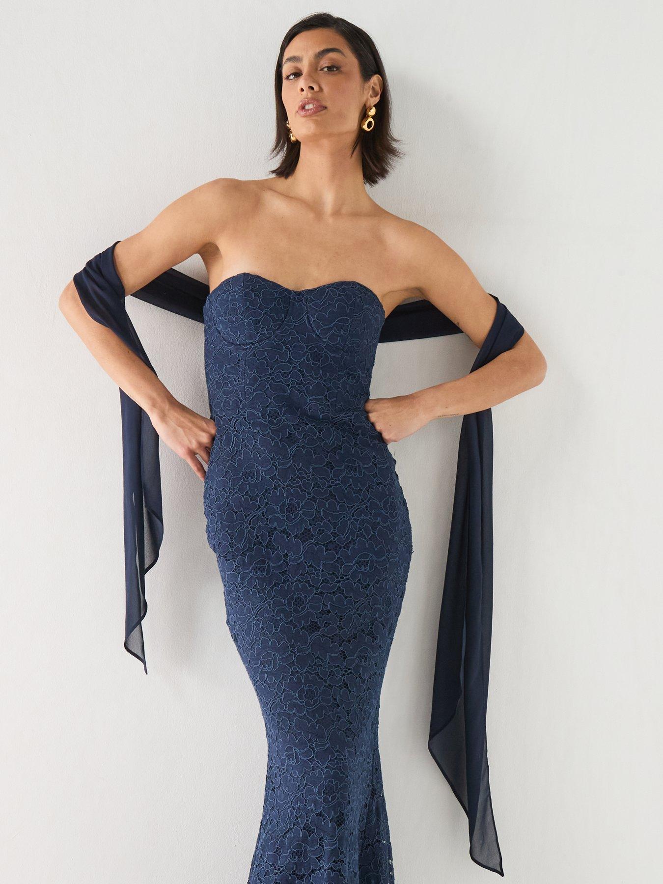 Six Stories Lace Corset Maxi Dress with Neck Scarf - Navy | Very