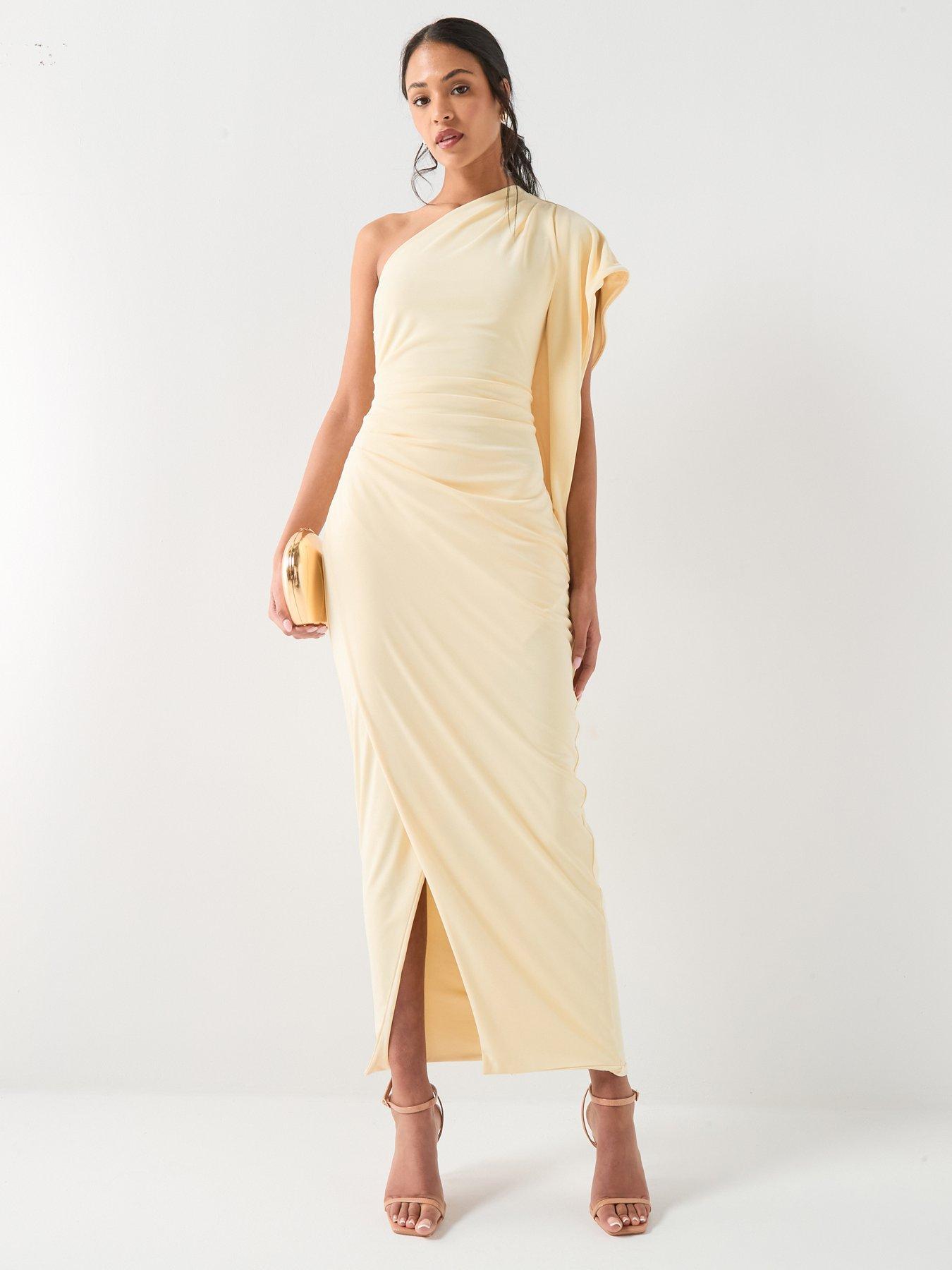 Six Stories Asymmetric Stretch Gathered Maxi Dress - Lemon