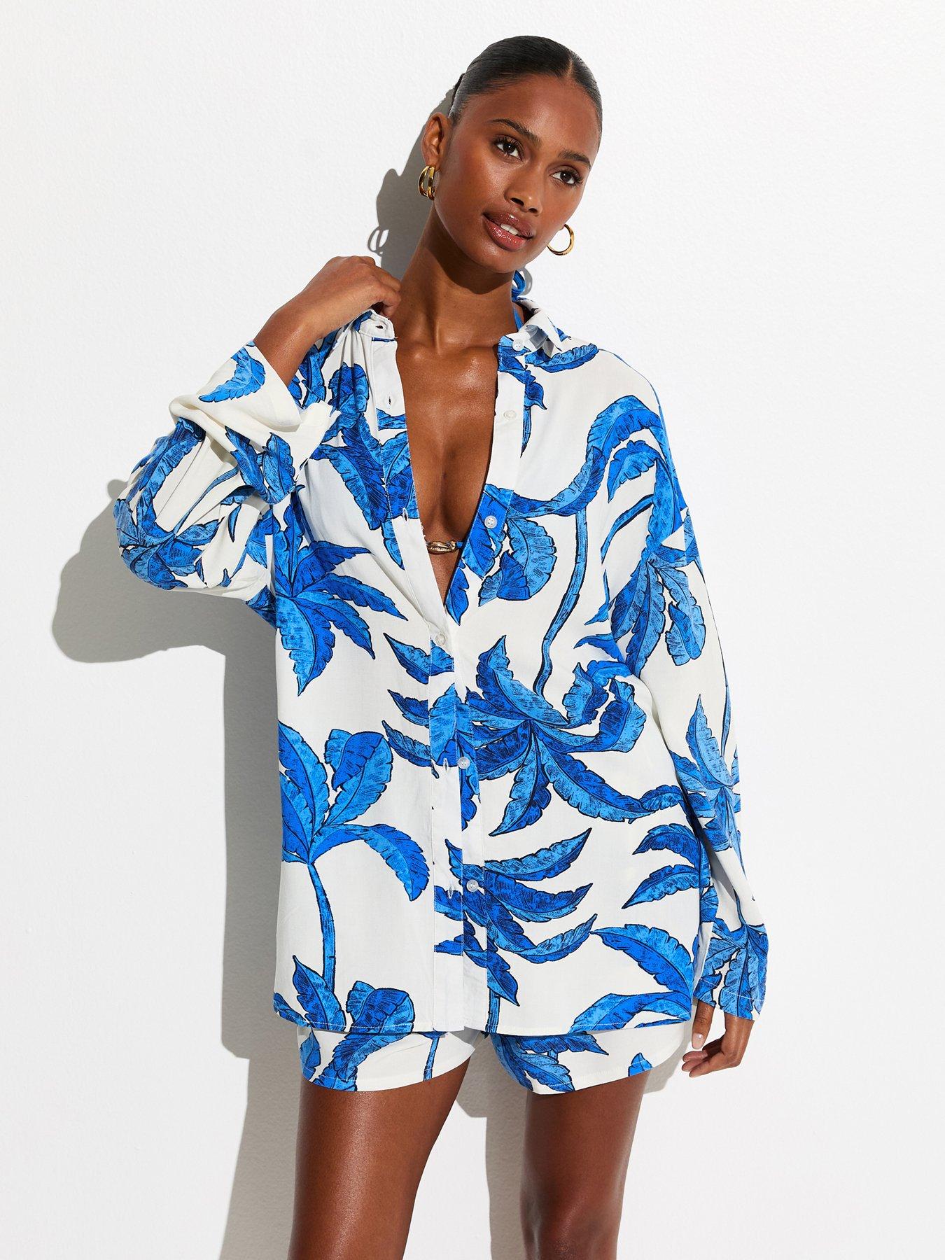 Image 1 of 6 of New Look Blue Palm Tree Print Shirt