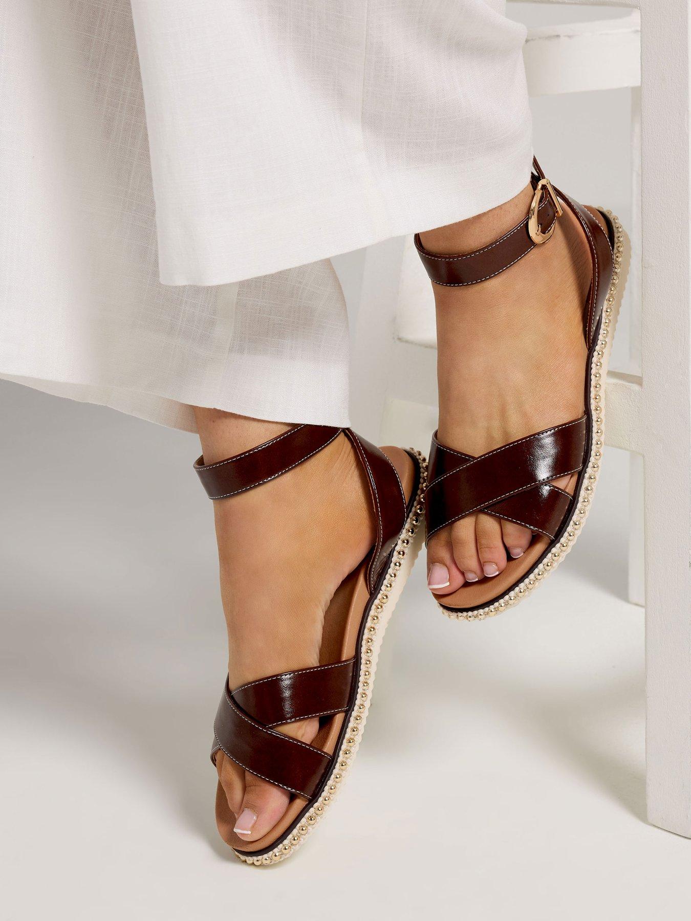 Yours Curve Extra Wide Fit Cross Over Sandals - Brown