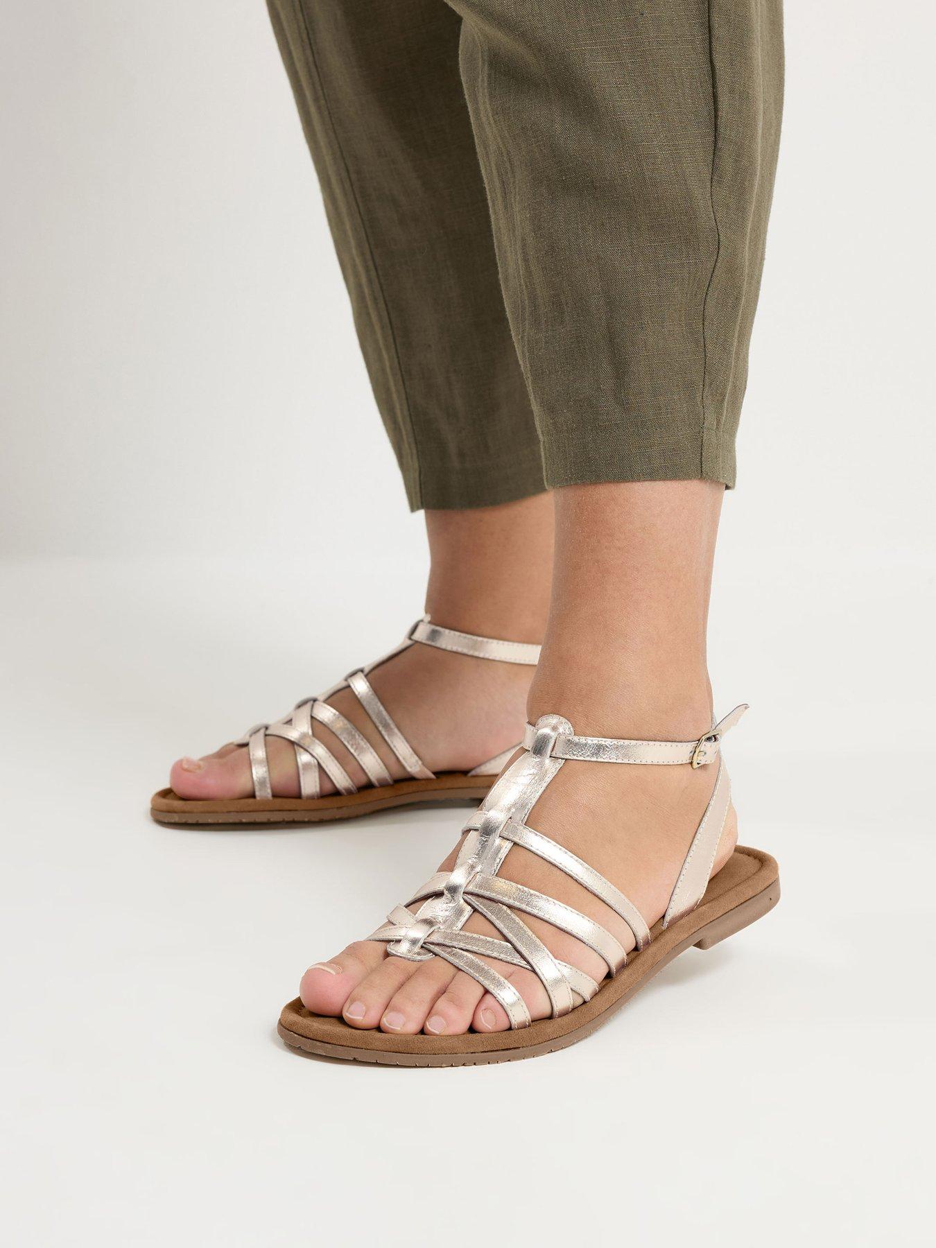 Yours Curve Gladiator Leather Sandals In Wide Fit - Gold
