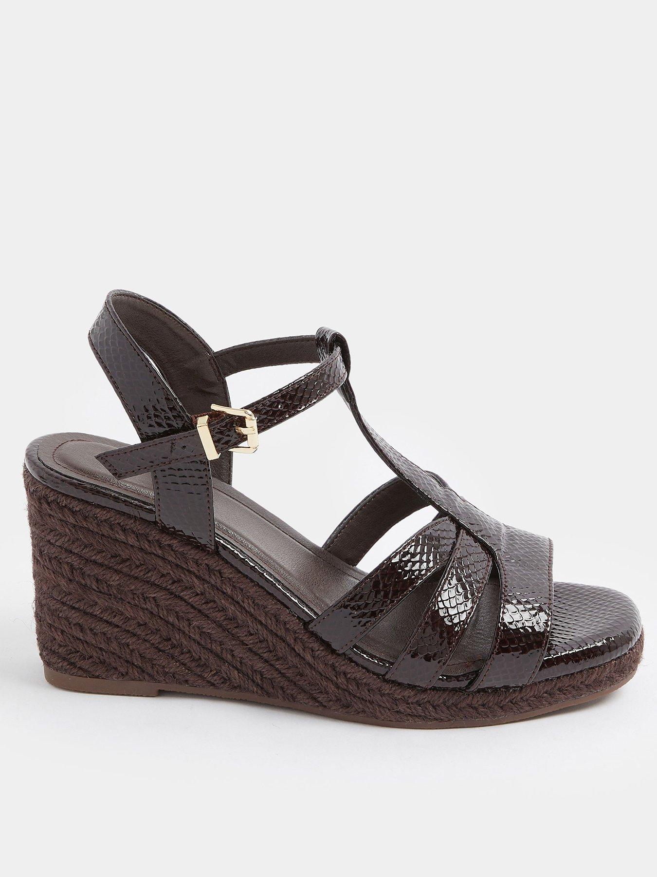 Yours Curve Wide Fit T-Bar Wedges - Brown