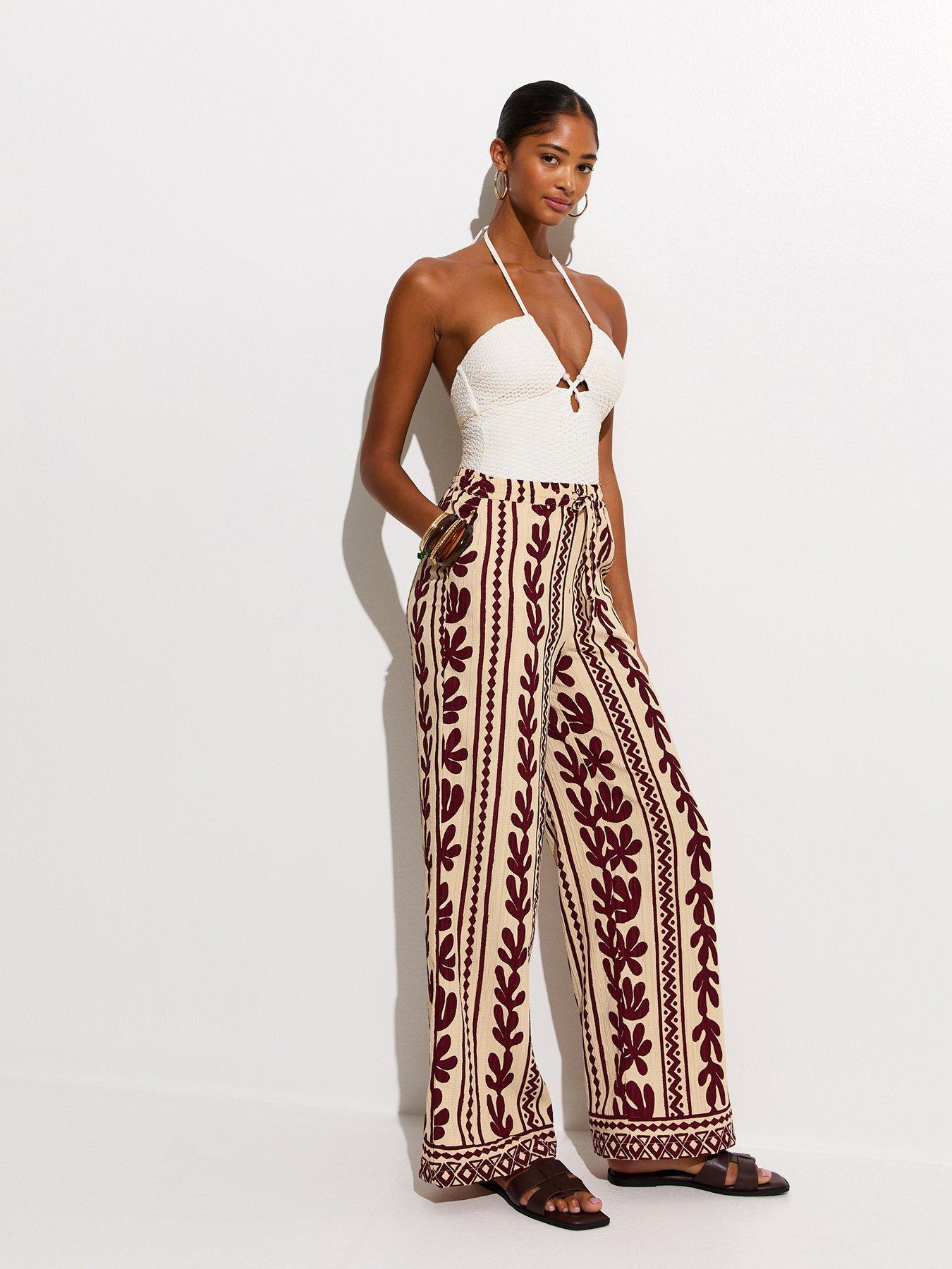 Image 1 of 6 of New Look Cactus Print Wide Leg Beach Trousers - Brown