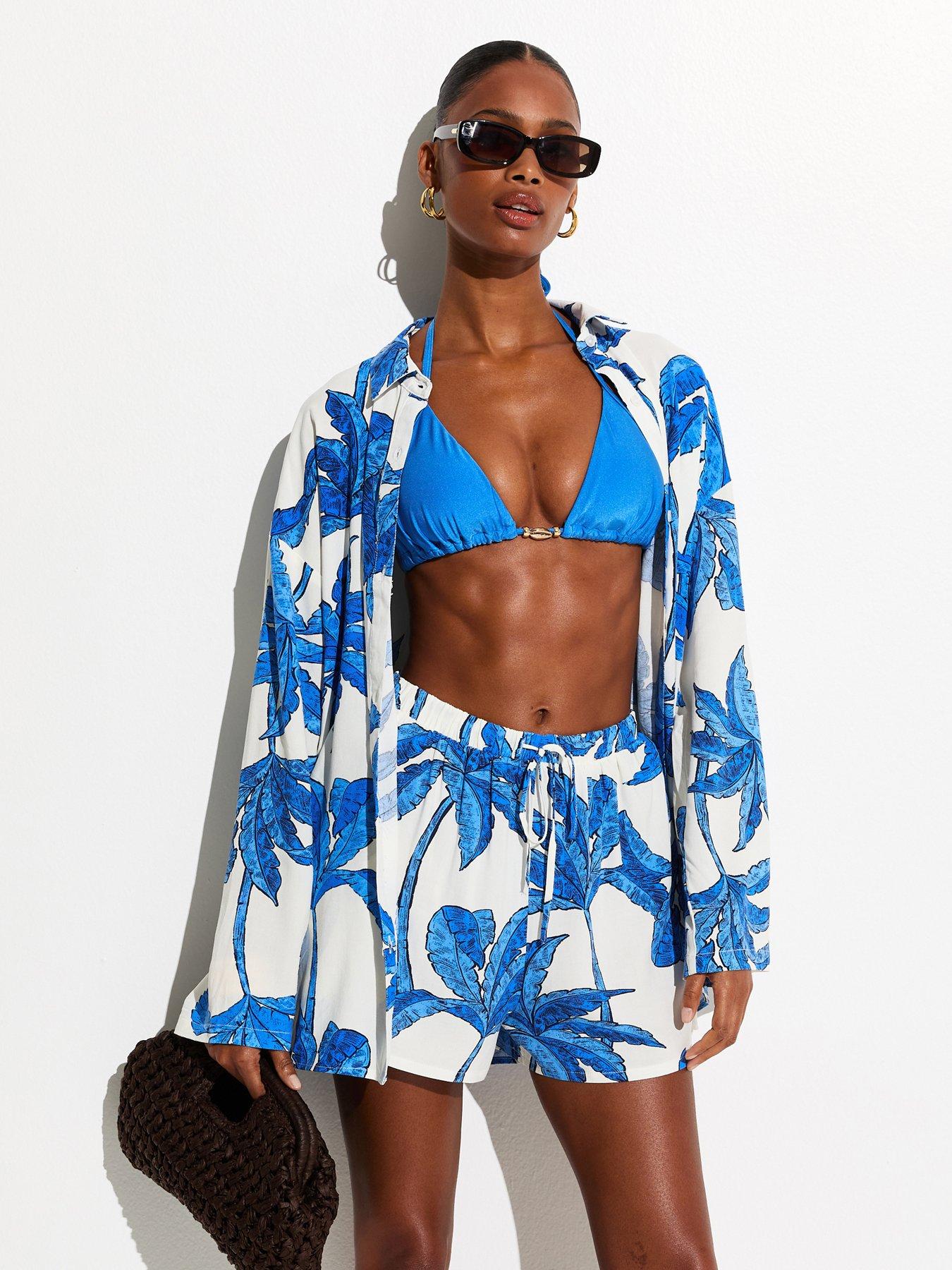 Image 1 of 6 of New Look Blue Palm Tree Print Beach Shorts