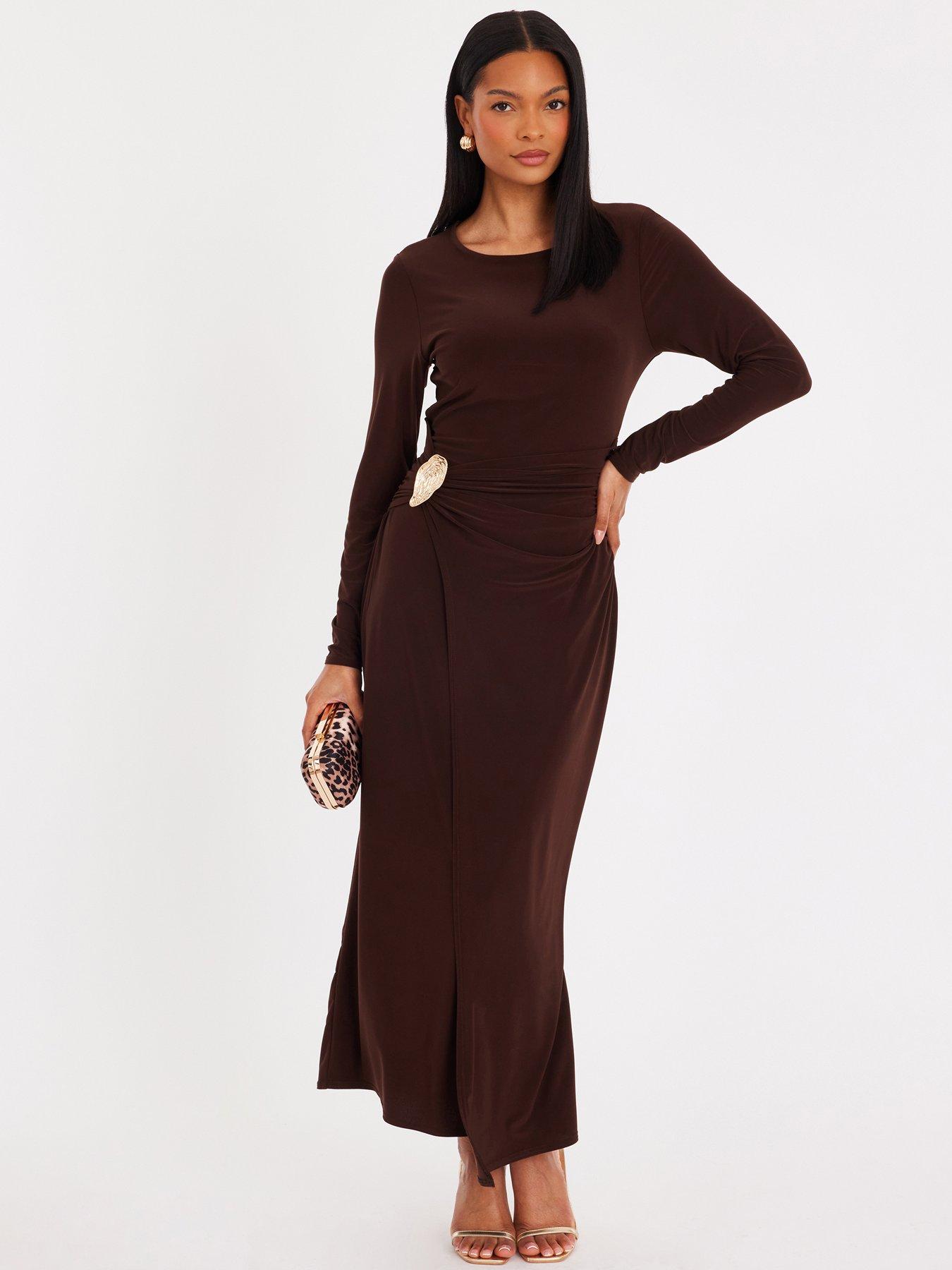 Quiz Brown Long Sleeve Wrap Midaxi Dress