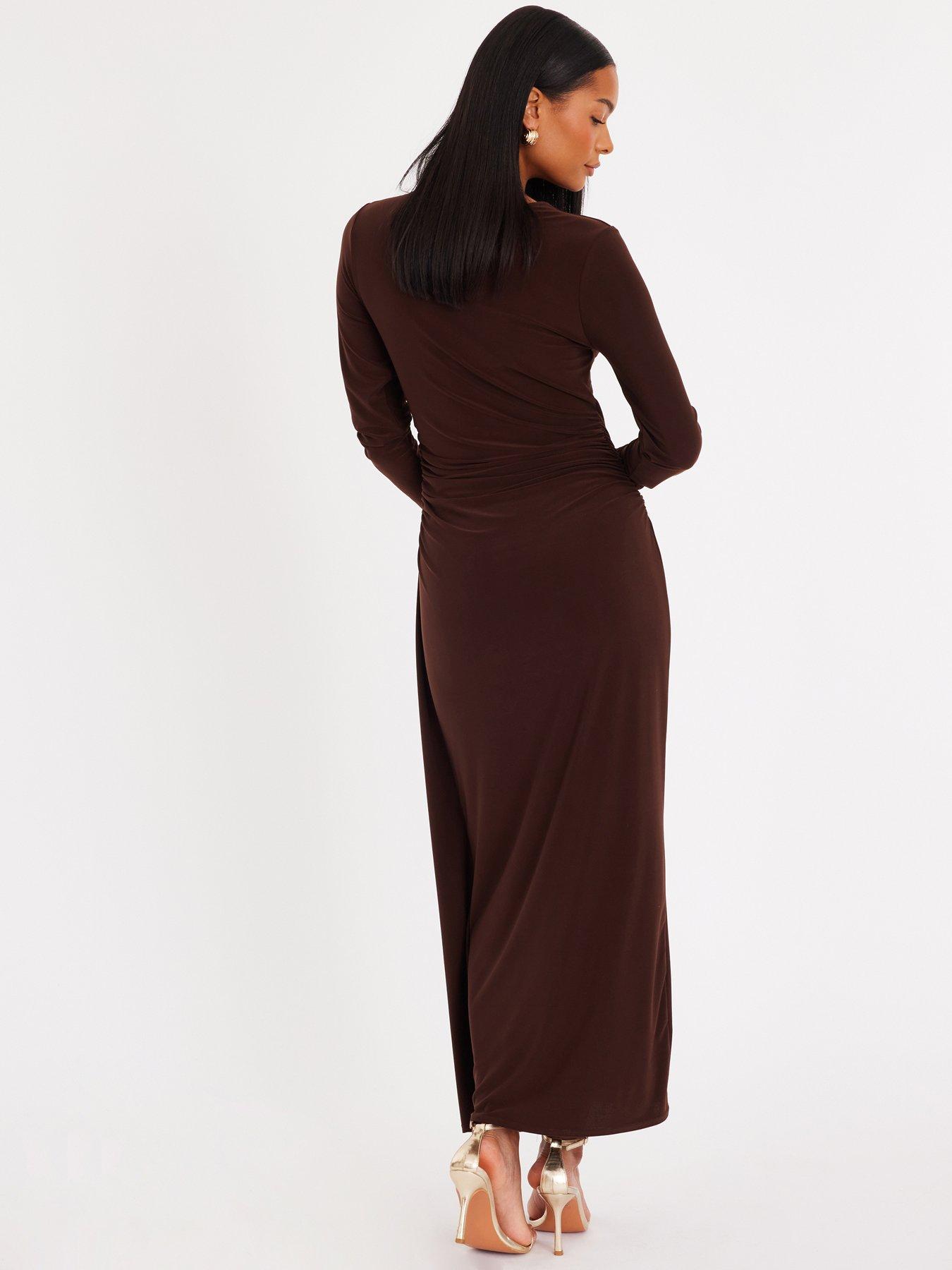 Image 2 of 6 of Quiz Brown Long Sleeve Wrap Midaxi Dress