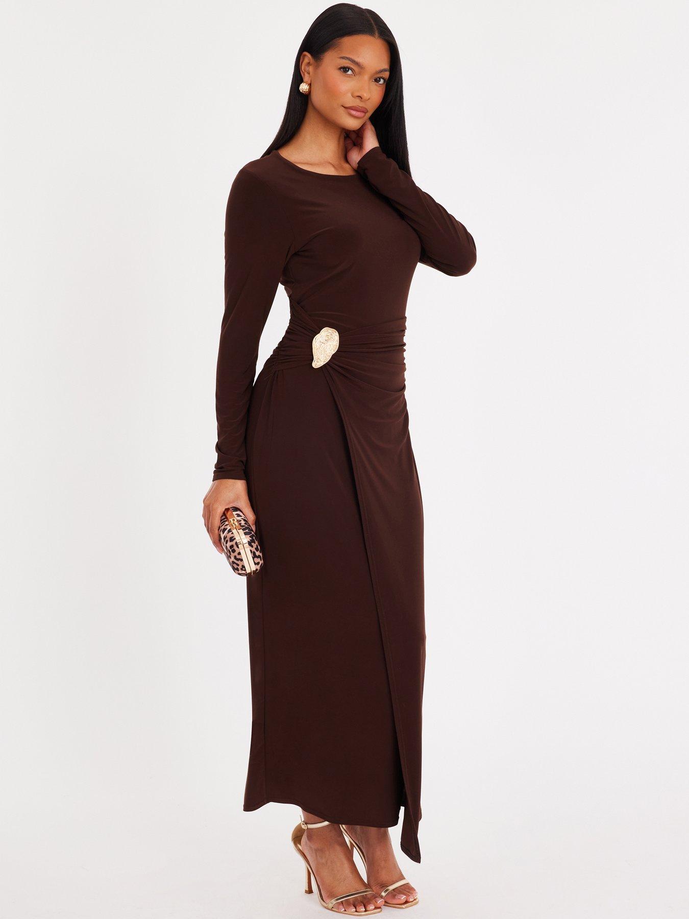 Image 3 of 6 of Quiz Brown Long Sleeve Wrap Midaxi Dress
