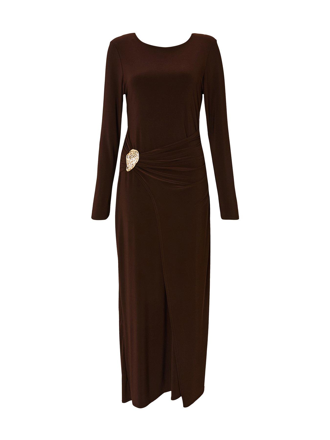 Image 4 of 6 of Quiz Brown Long Sleeve Wrap Midaxi Dress