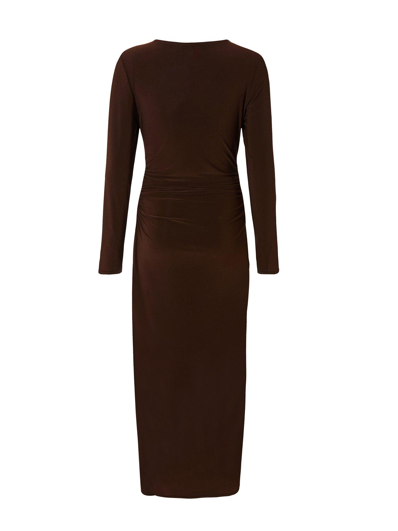 Image 5 of 6 of Quiz Brown Long Sleeve Wrap Midaxi Dress