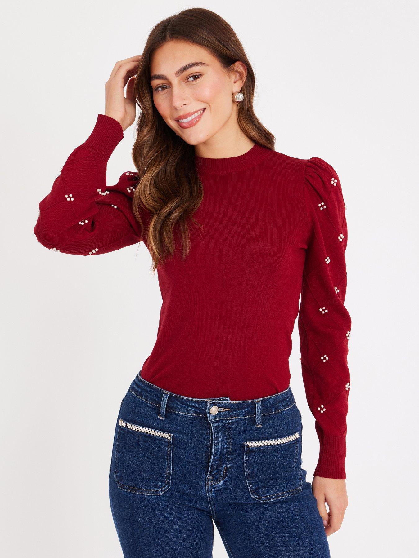 Quiz Burgundy Pearl Sleeve Jumper