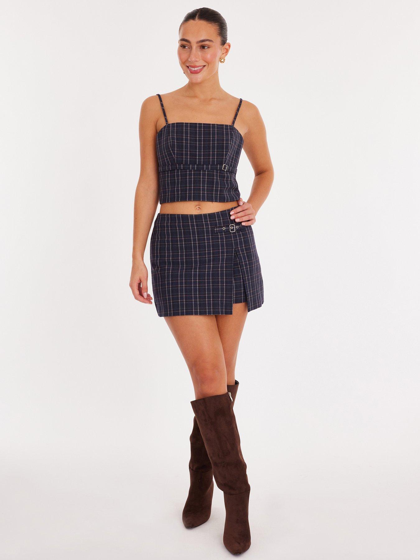 Image 1 of 6 of Quiz Navy Checked Buckle Detail Skort