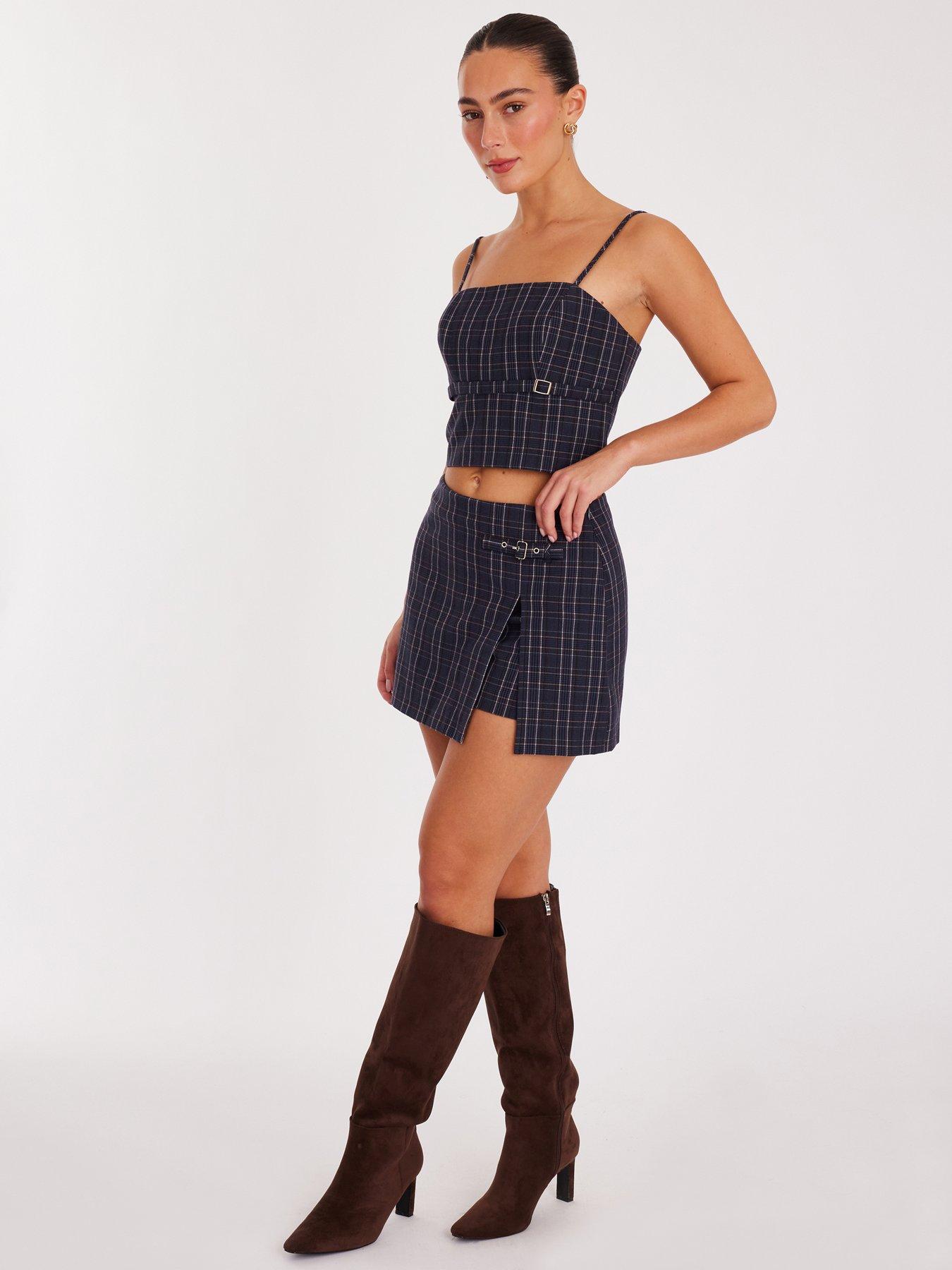 Image 3 of 6 of Quiz Navy Checked Buckle Detail Skort