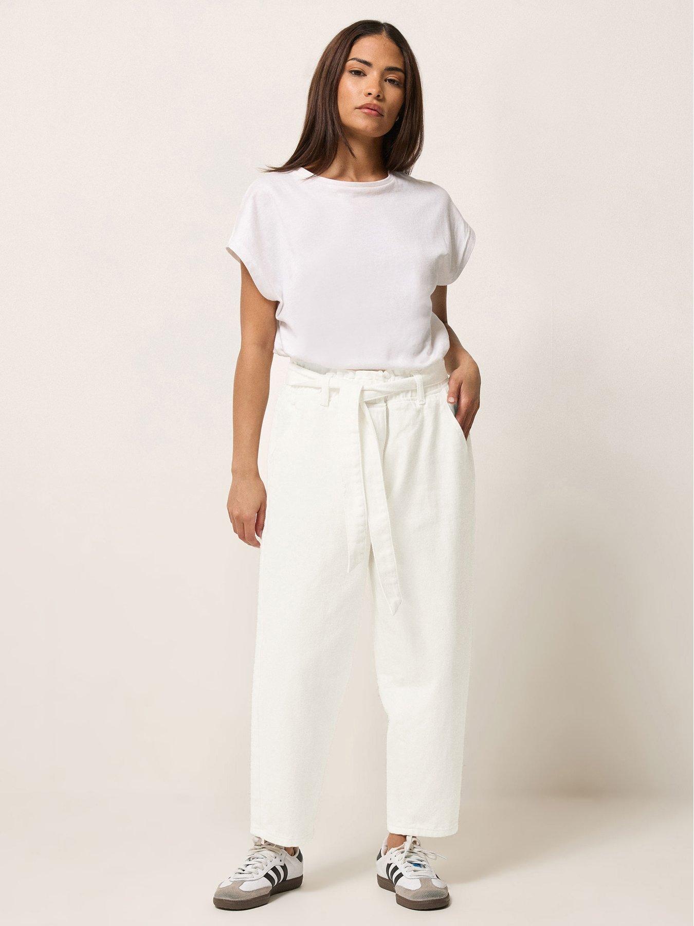 PixieGirl Petite Belt Paperbag Barrel Jeans - White