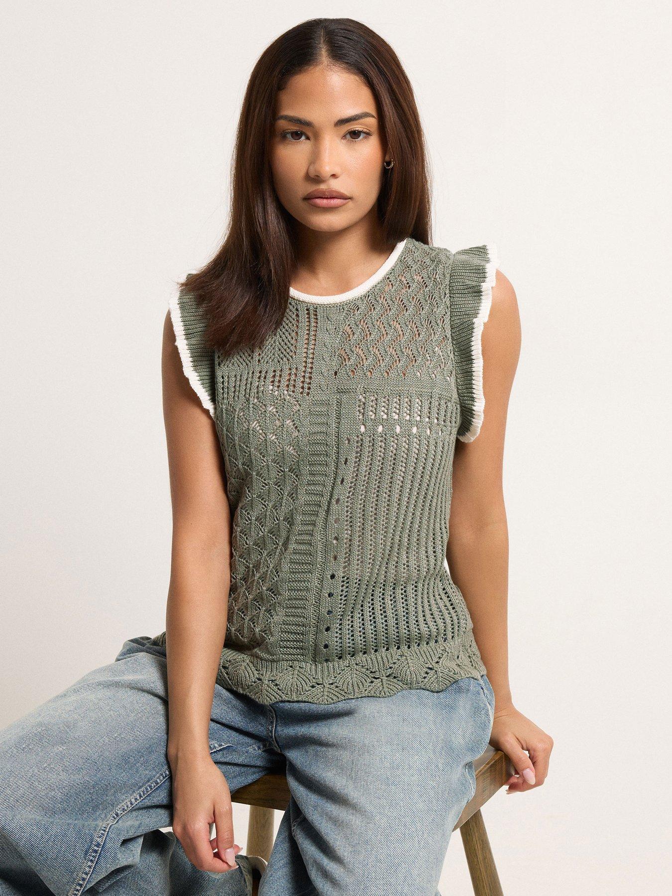 PixieGirl Petite Frill Shoulder Tank Top - Cream