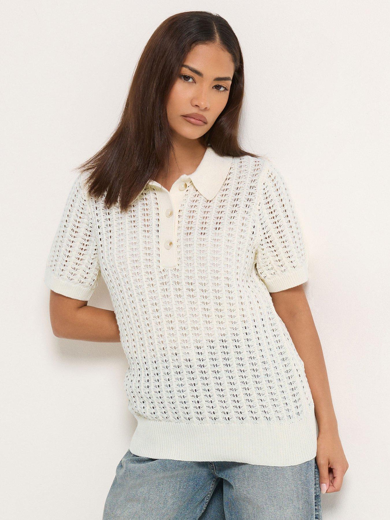 PixieGirl Petite Crochet Polo Top - Cream