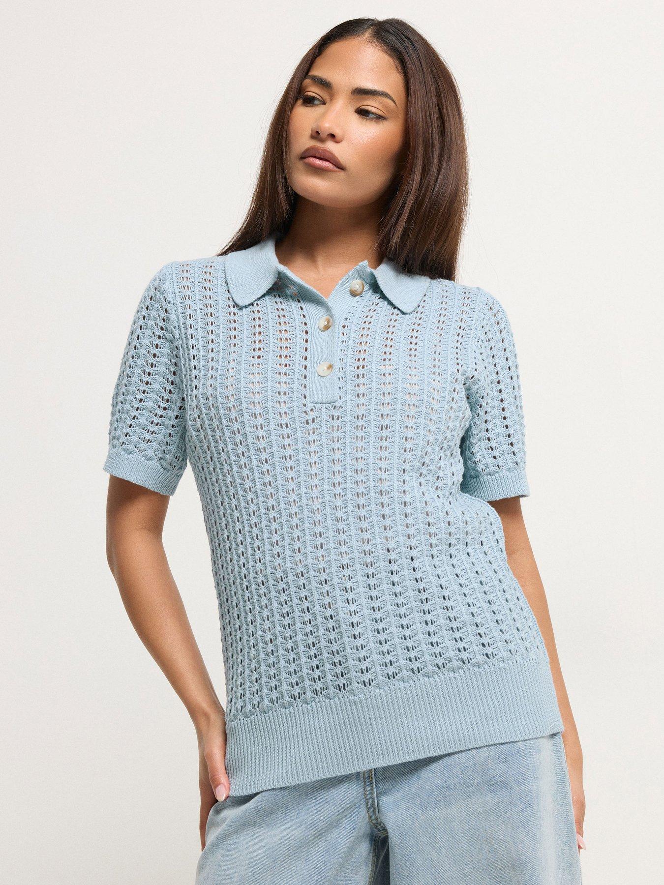 PixieGirl Petite Crochet Polo Top - Blue