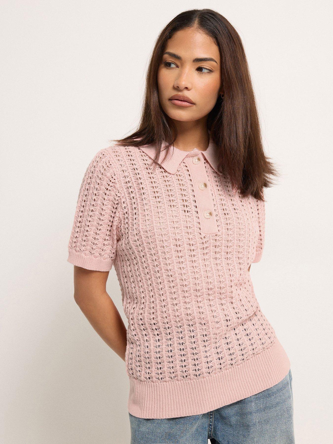 PixieGirl Petite Crochet Polo Top - Pink