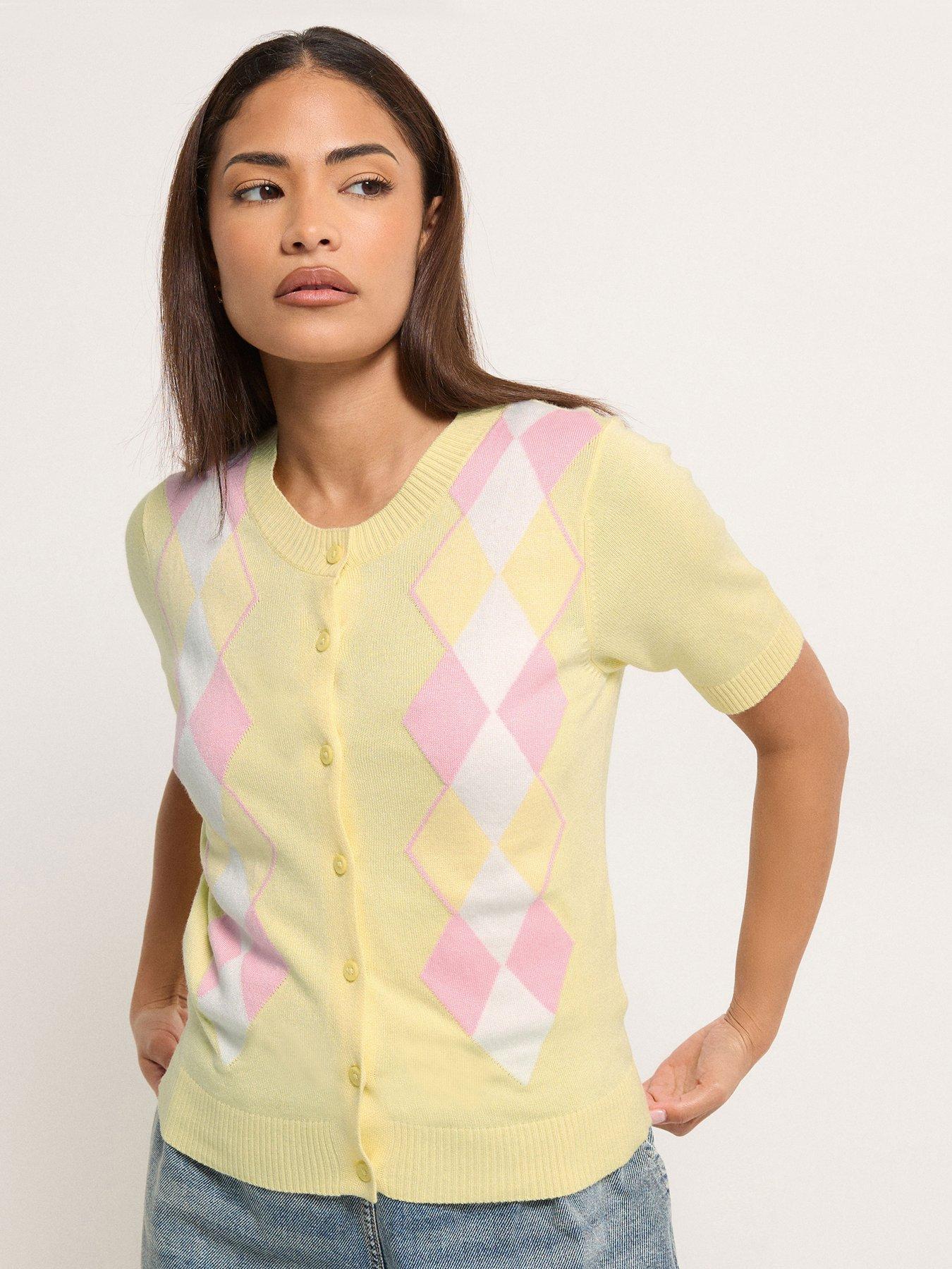 PixieGirl Petite Argyle Short Sleeve Cardigan - Yellow