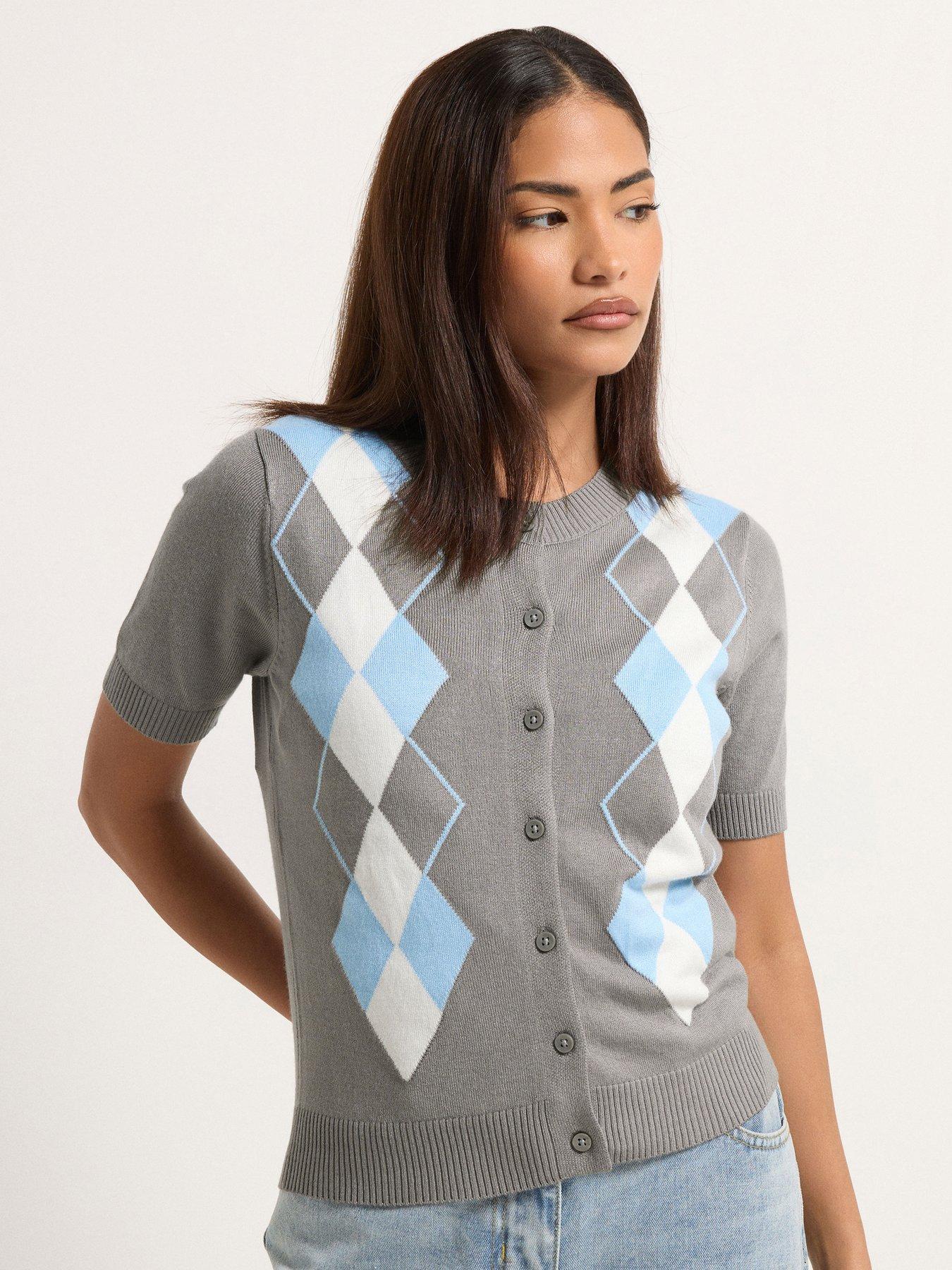 PixieGirl Petite Argyle Short Sleeve Cardigan - Grey