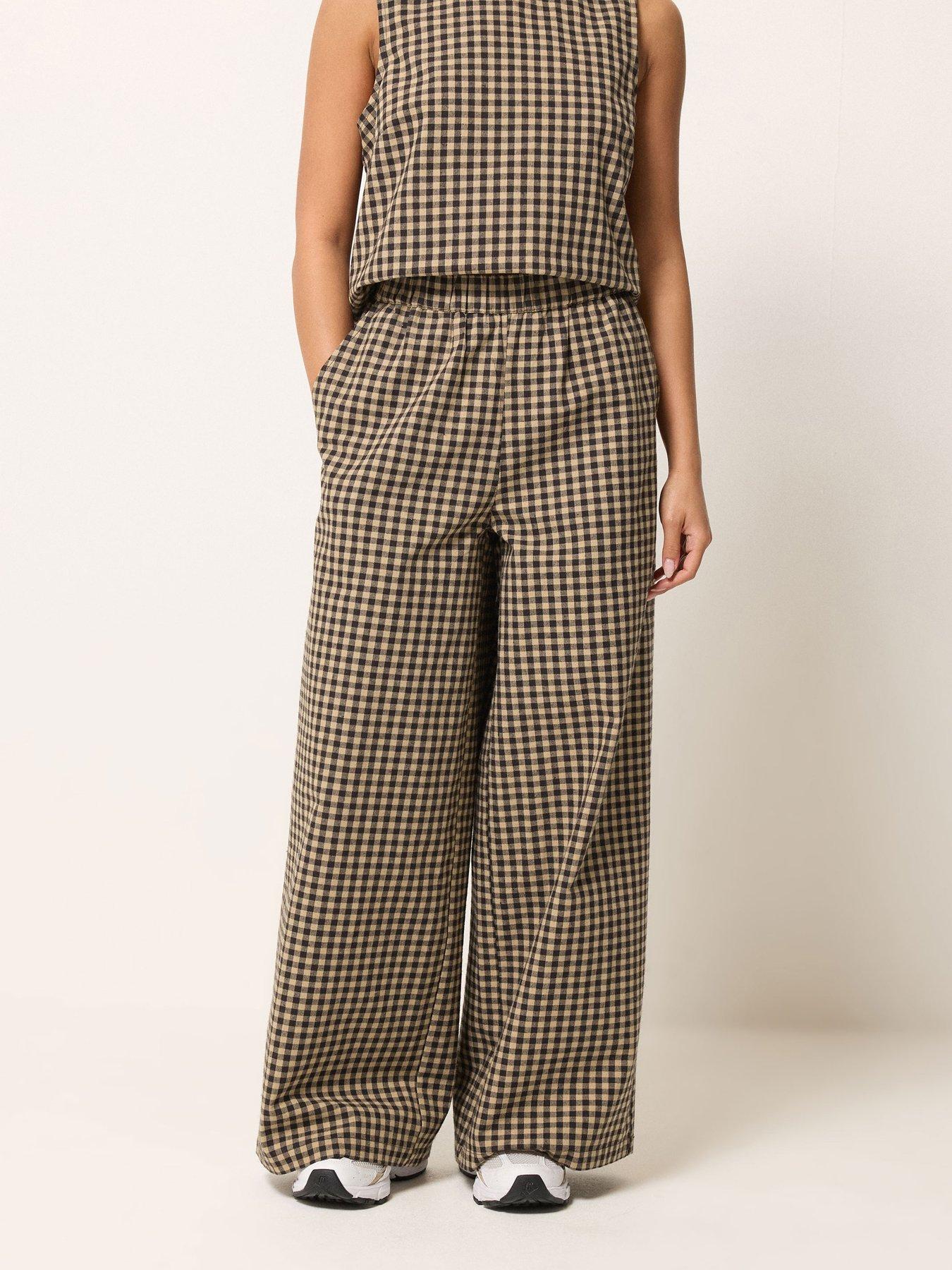 PixieGirl Petite Gingham Wide Leg Trousers - Brown