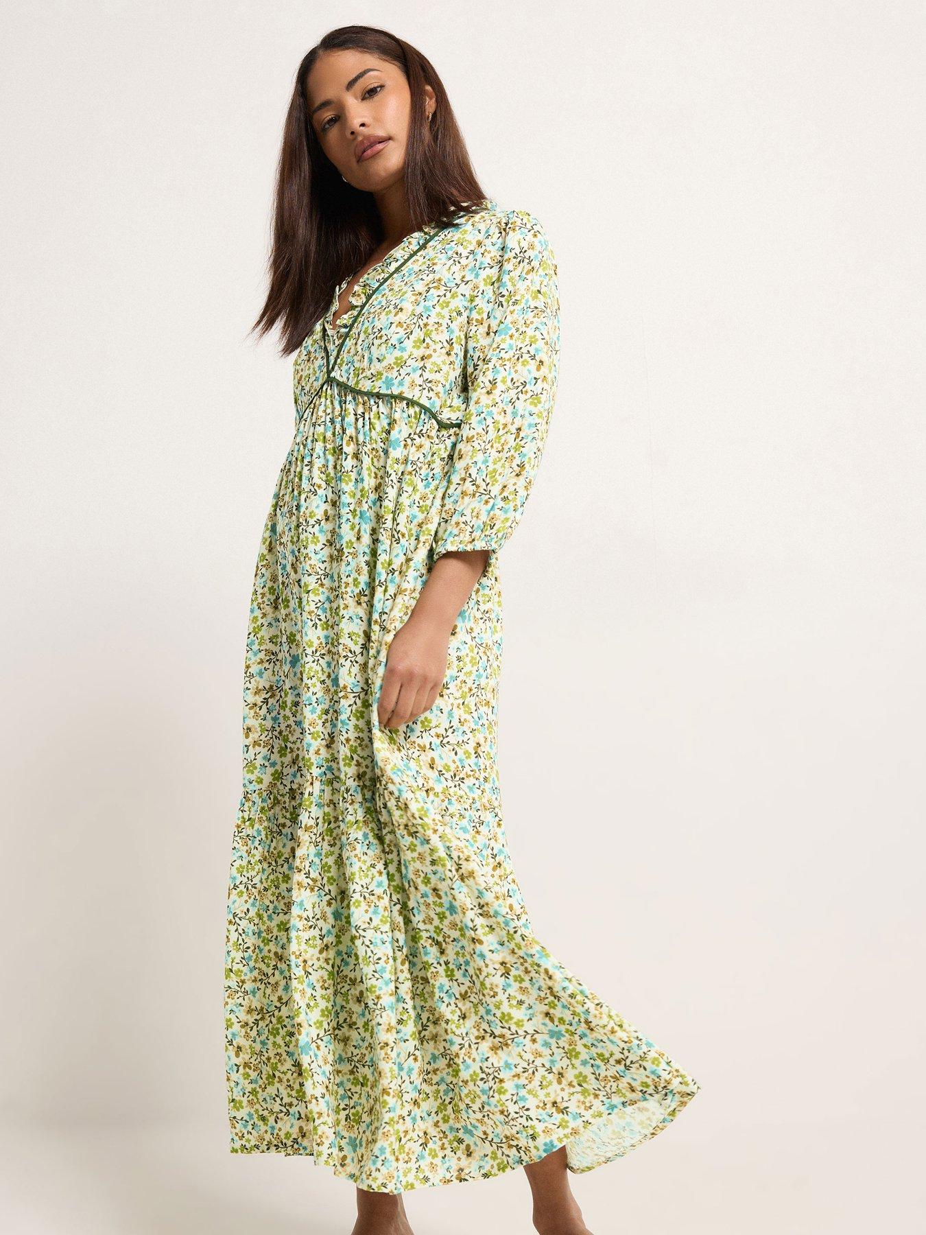 PixieGirl Petite Ditsy Frill Trim Midaxi Dress - Green