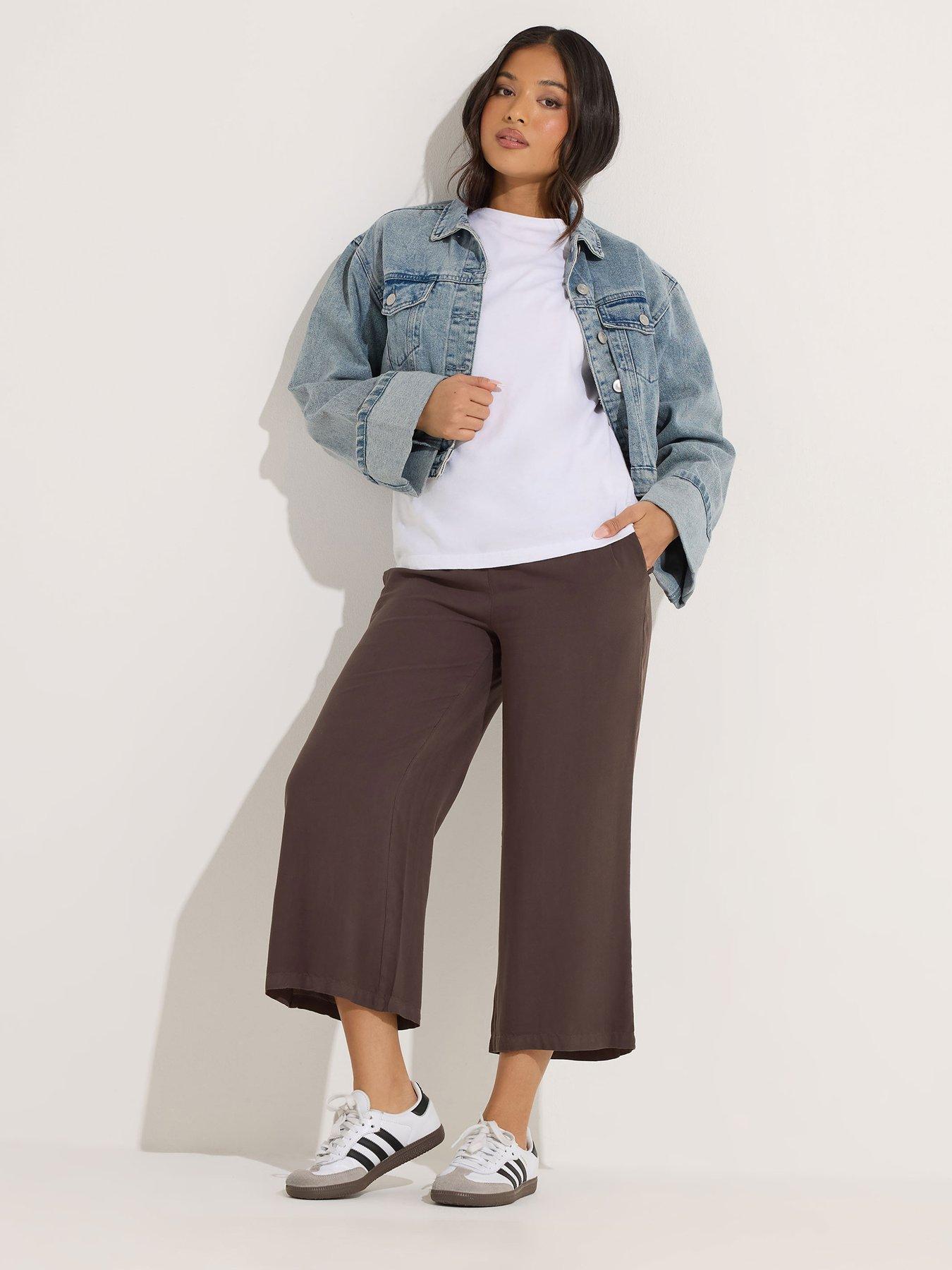 PixieGirl Petite Acid Wash Wide Leg Crop Trousers - Brown
