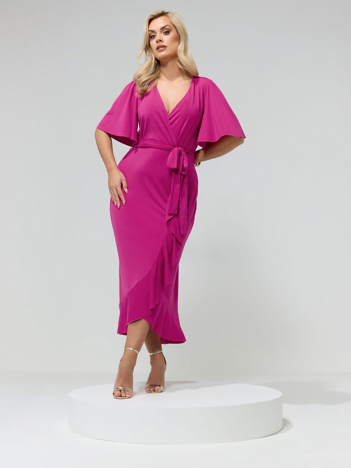 ladies wrap dresses uk Yours London Women's Plus Size Pink Short Sleeve Ruffle Wrap Maxi Dress Size 26-28