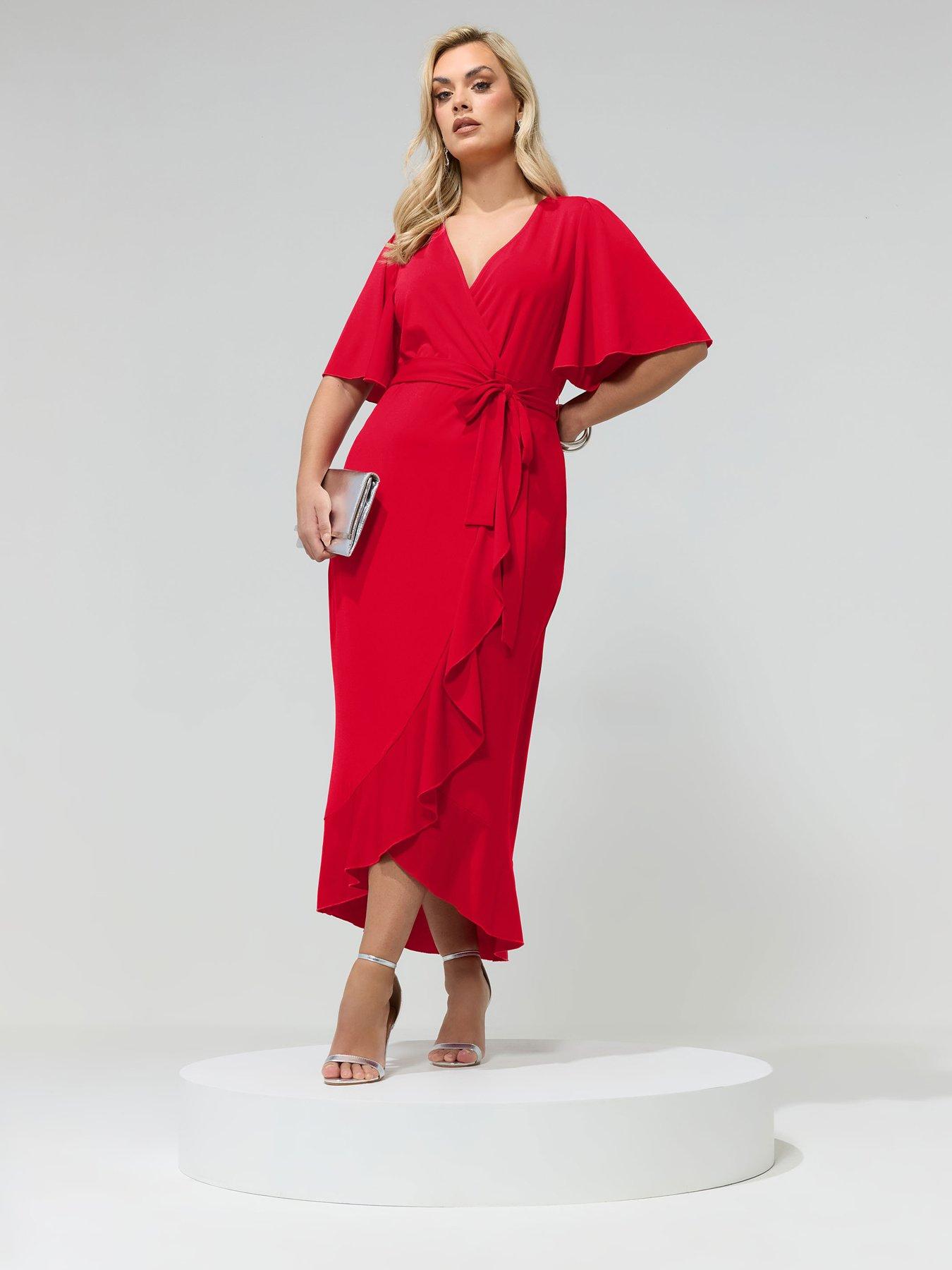 Yours Curve Wrap Ruffle Dress - Red