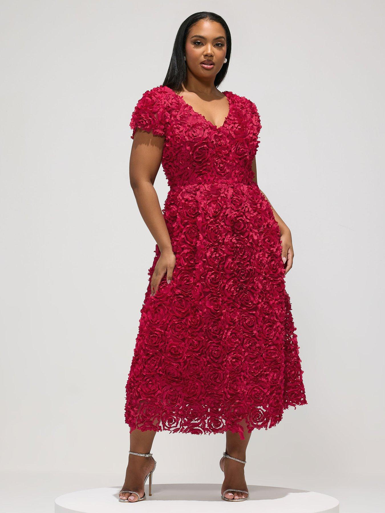 Yours Curve 3D Floral Cap Sleeve Dress - Red