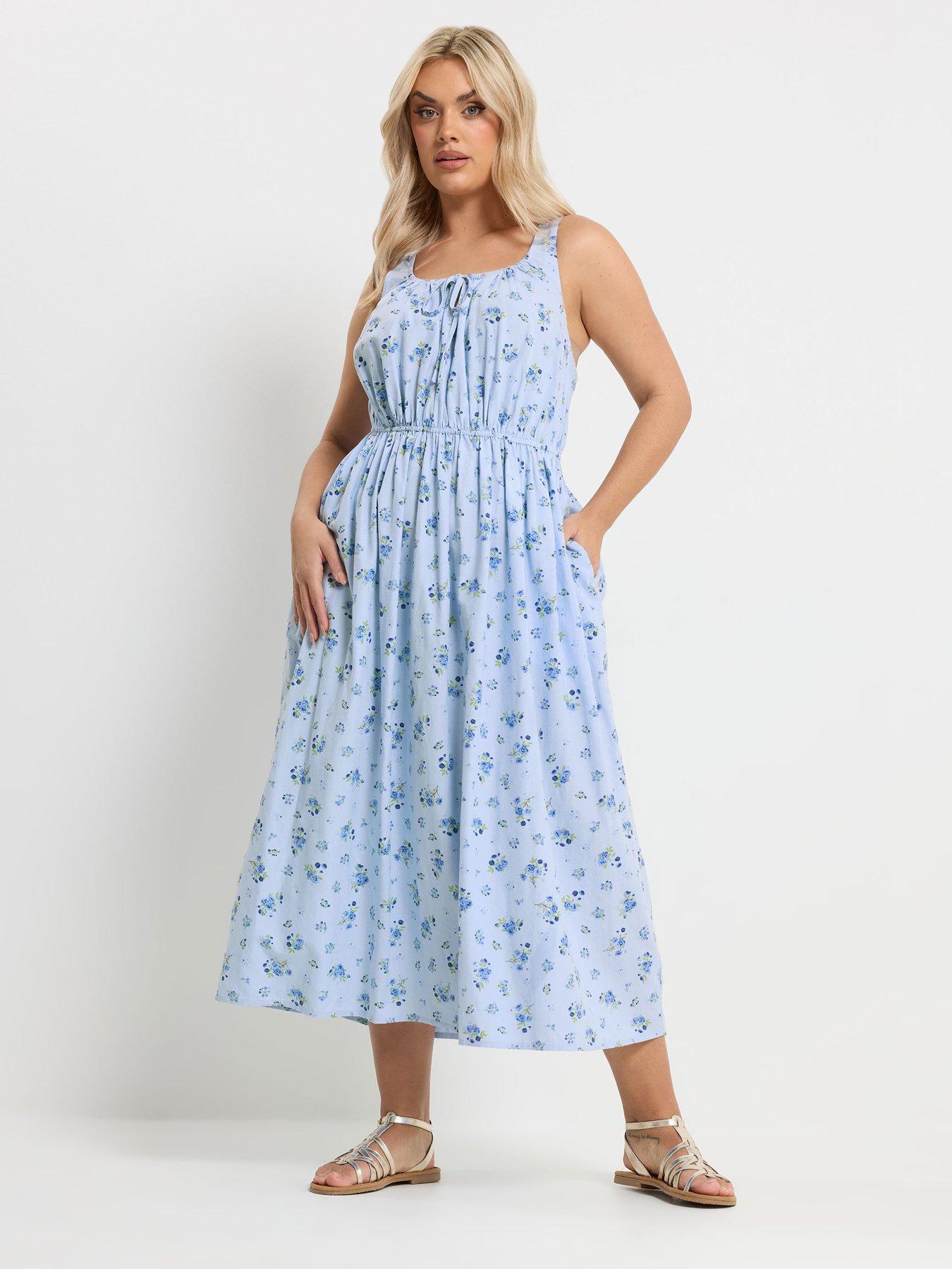 Image 1 of 5 of Yours Curve Linen Milkmaid Dress - Blue