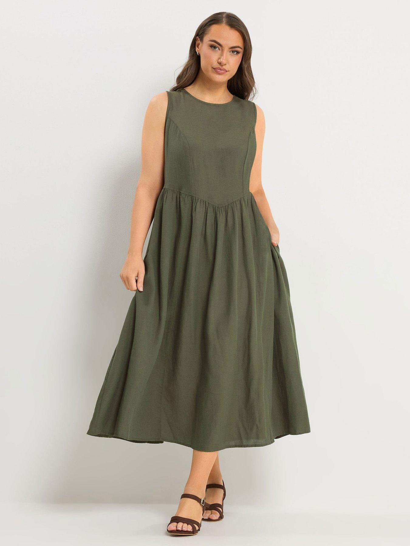 Yours Curve Linen Waist Midaxi Dress - Green