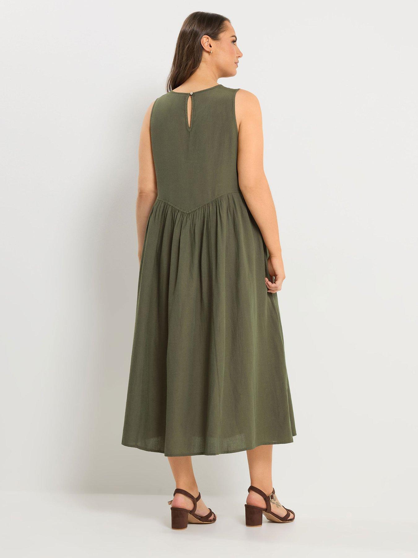 Image 2 of 4 of Yours Curve Linen Waist Midaxi Dress - Green
