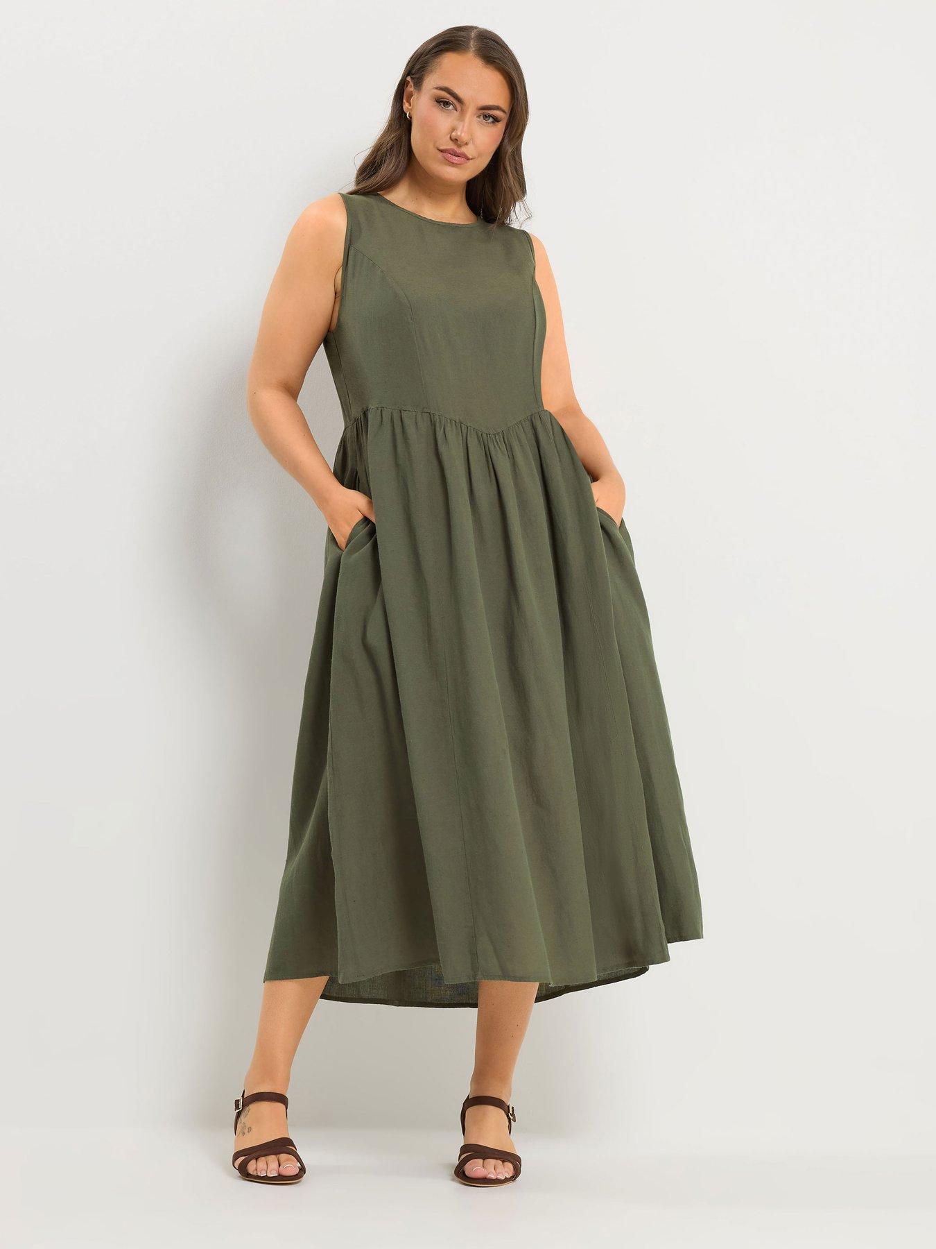Image 3 of 4 of Yours Curve Linen Waist Midaxi Dress - Green