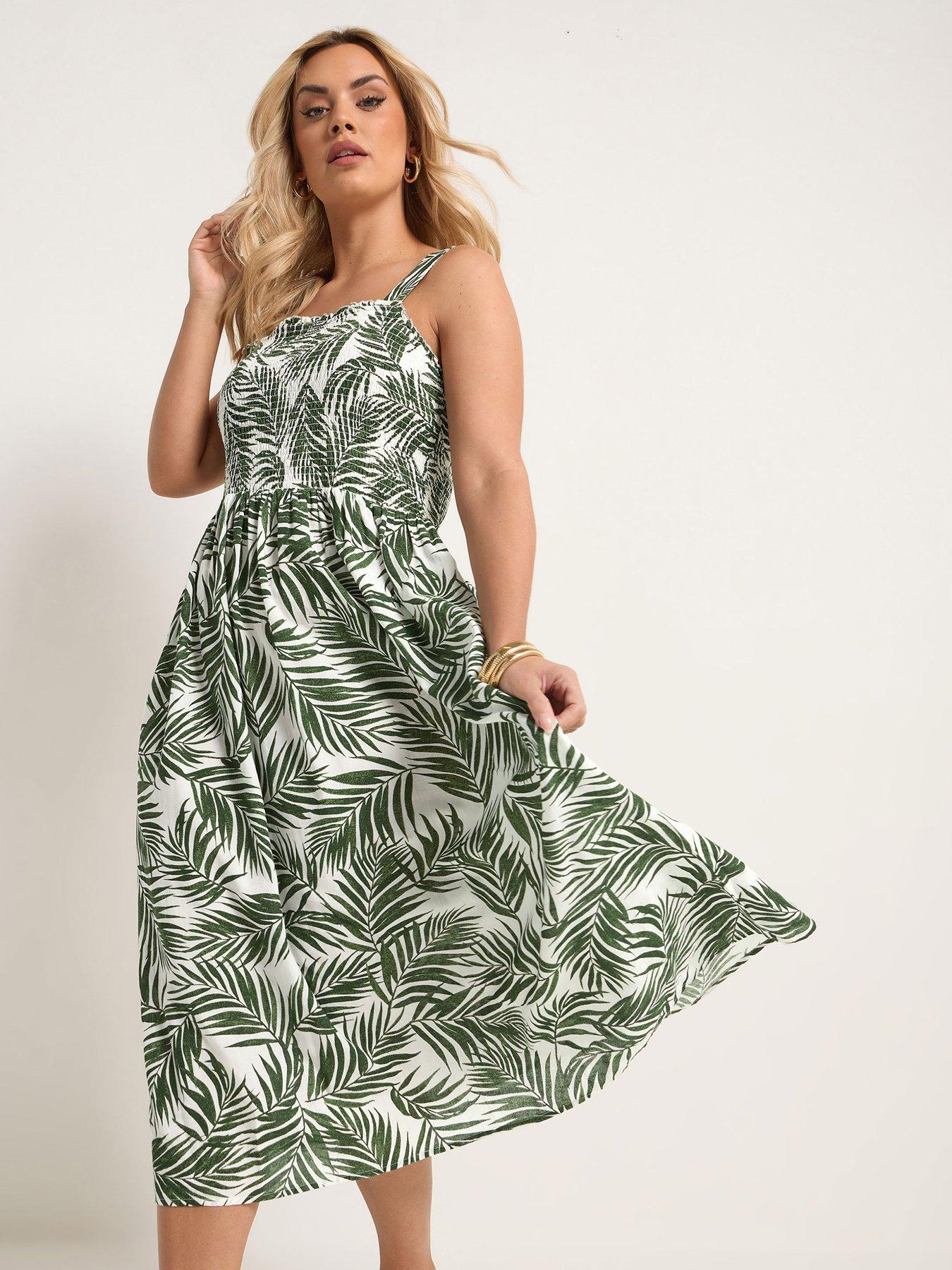 Yours Curve Linen Shirred Maxi Dress - Green