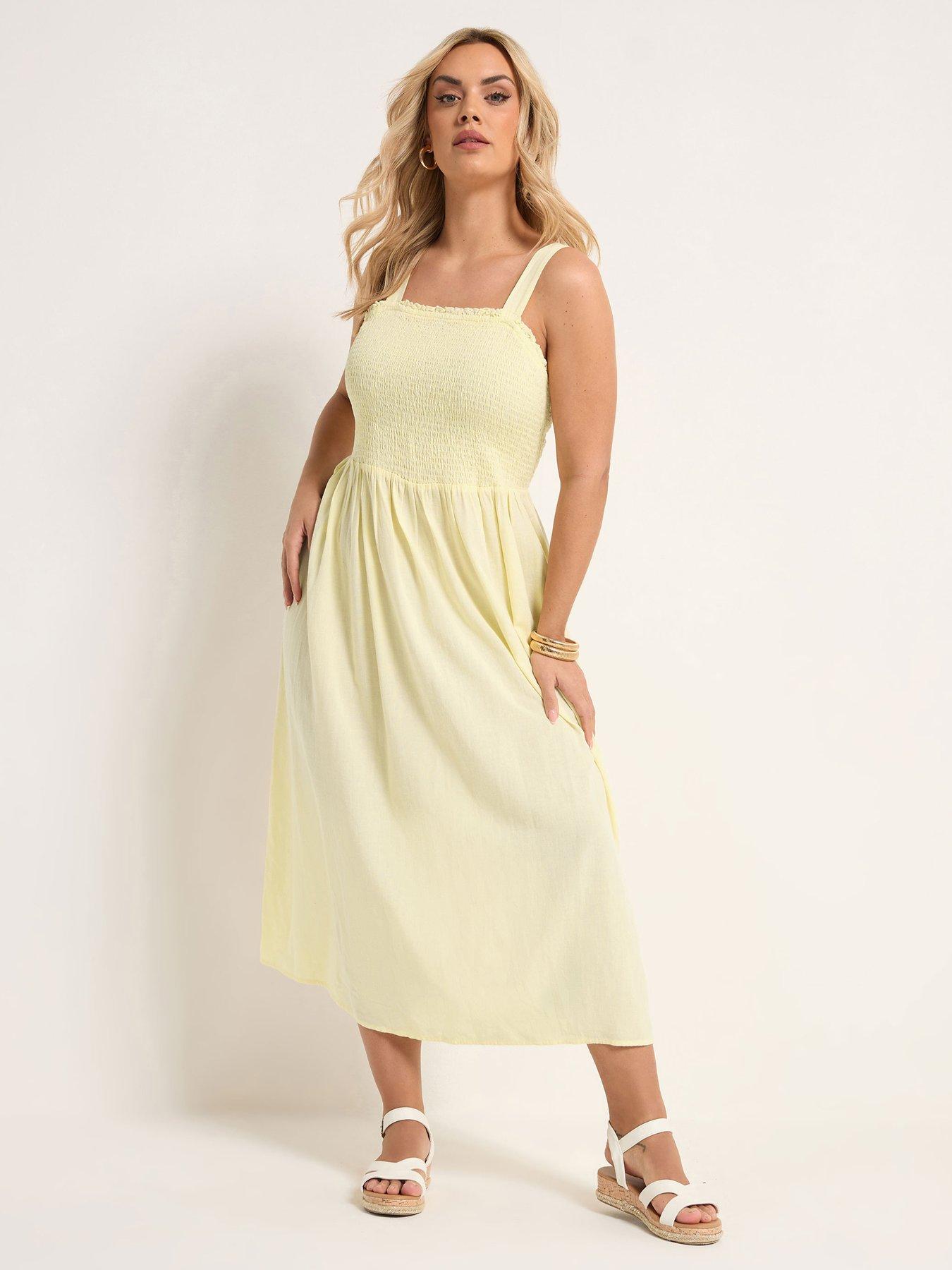 Image 1 of 5 of Yours Curve Linen Shirred Maxi Dress - Yellow