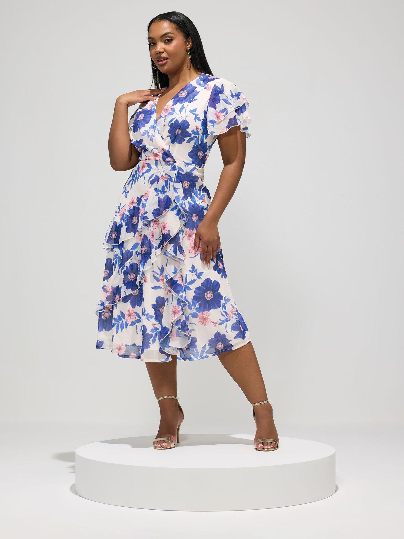 Image 1 of 5 of Yours Curve Floral Ruffle Wrap Dress - White