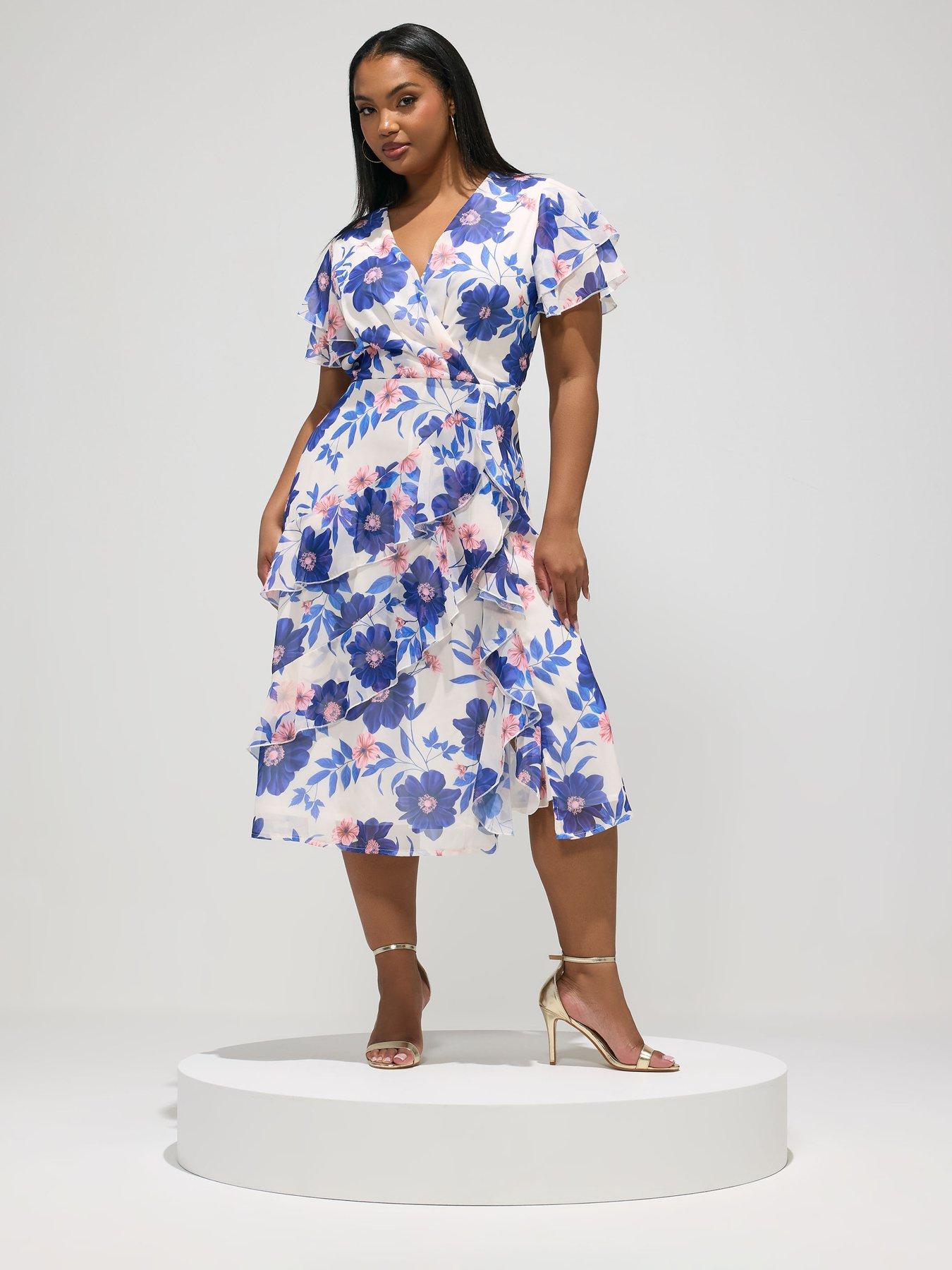 Image 3 of 5 of Yours Curve Floral Ruffle Wrap Dress - White
