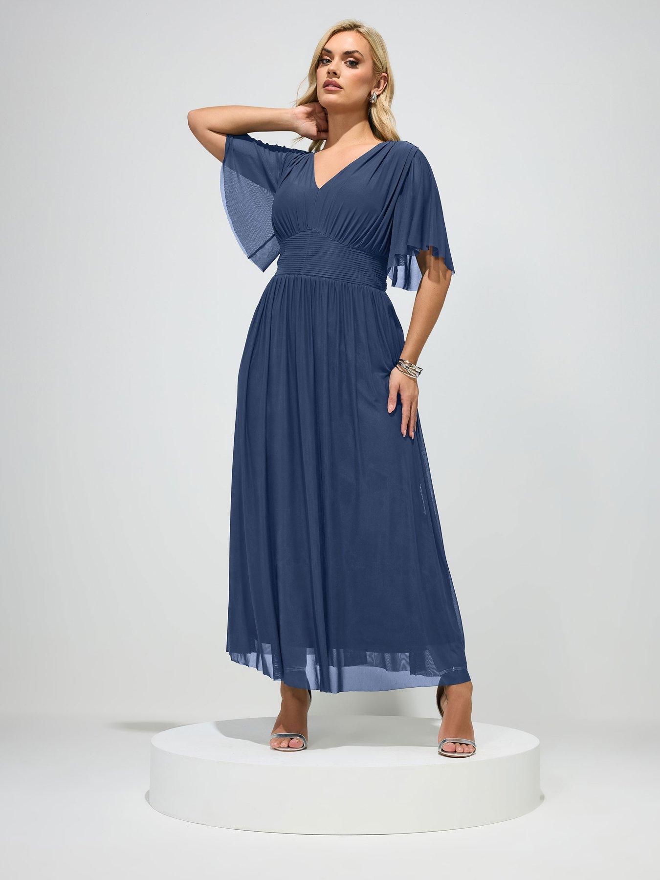 Yours Curve Pleated Gathered V-Neck Maxi Dress - Blue
