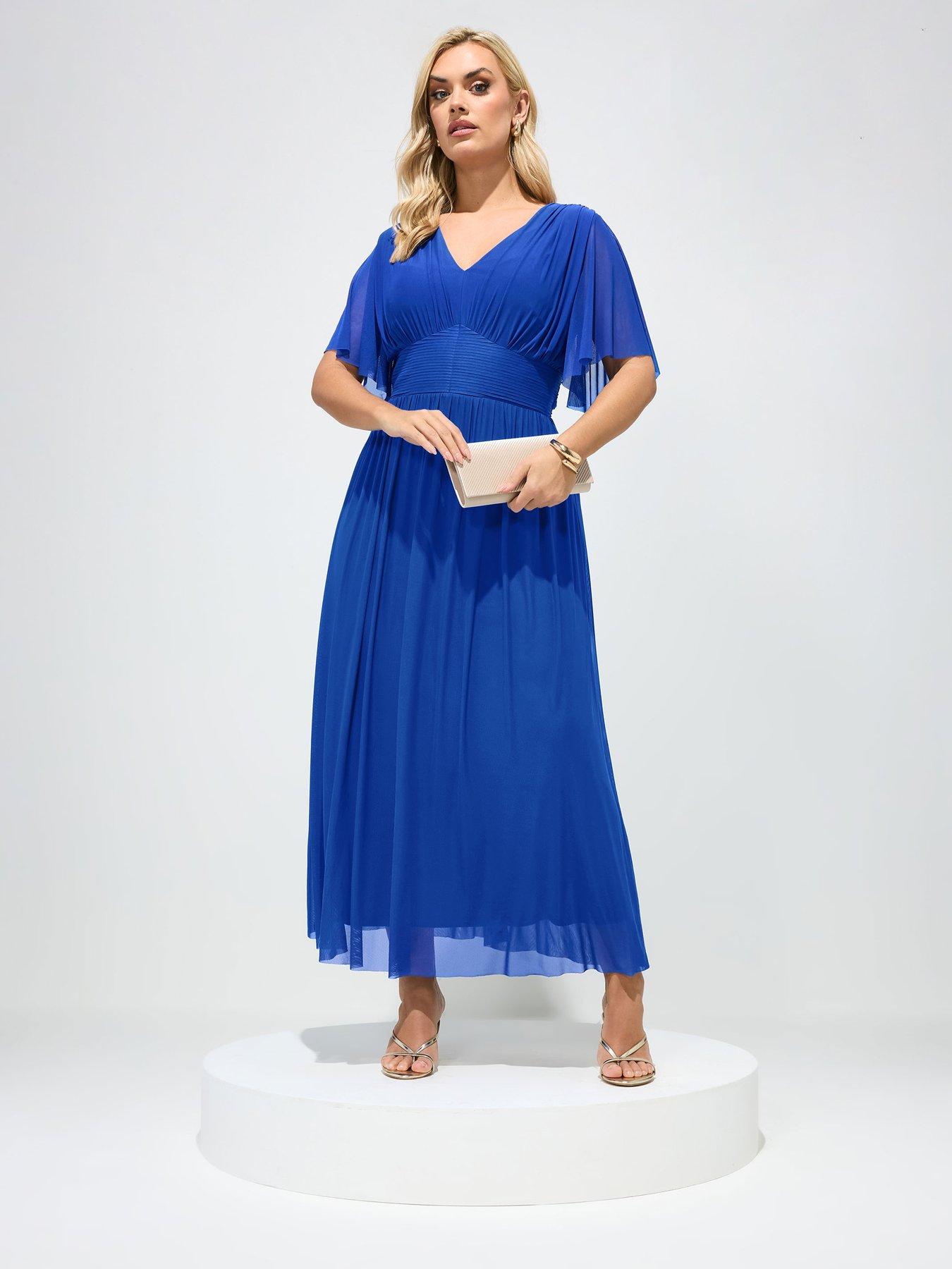 Yours Curve Pleated Gathered V-Neck Maxi Dress - Blue