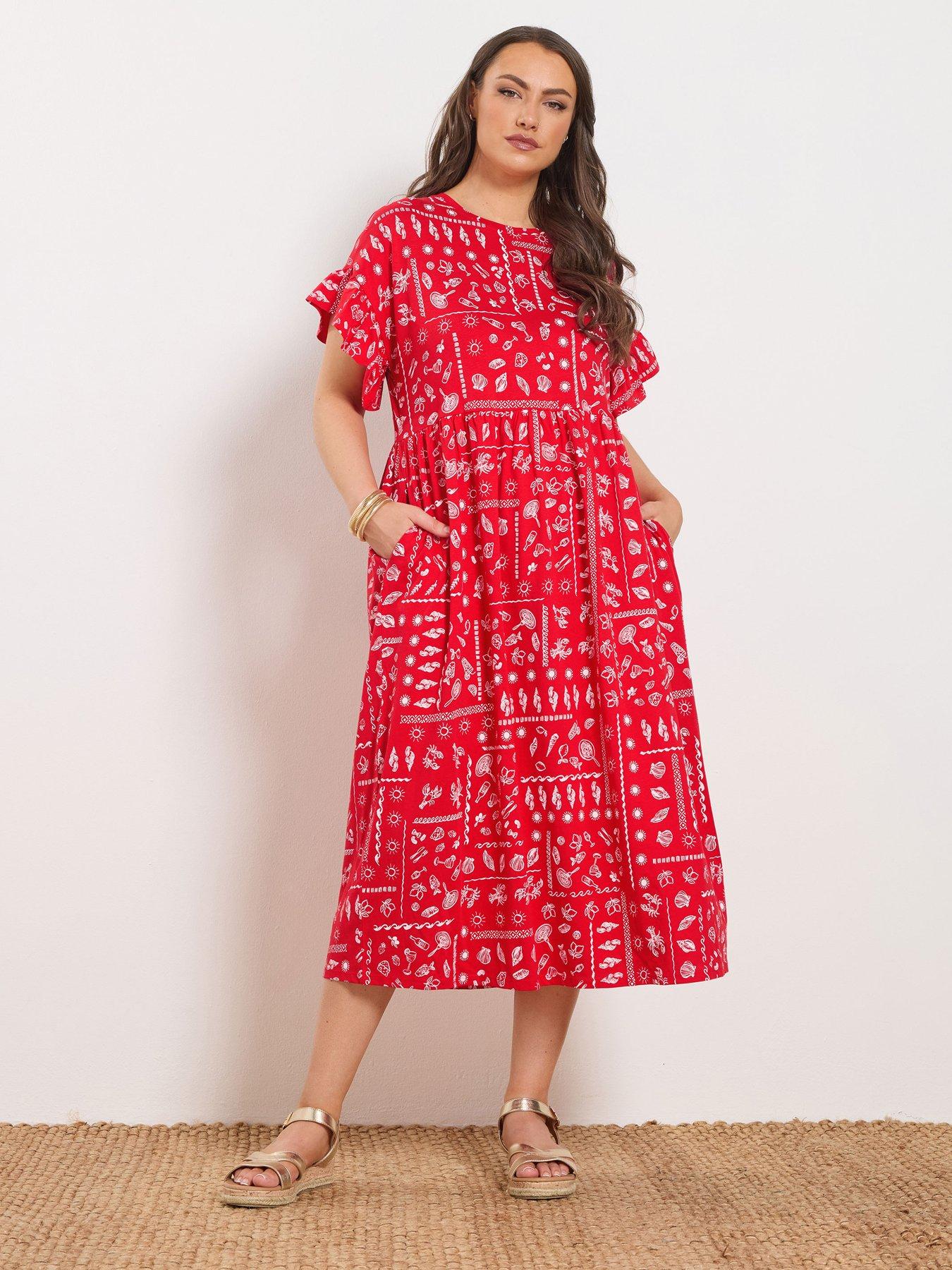 Yours Curve Frill Midi Dress - Red