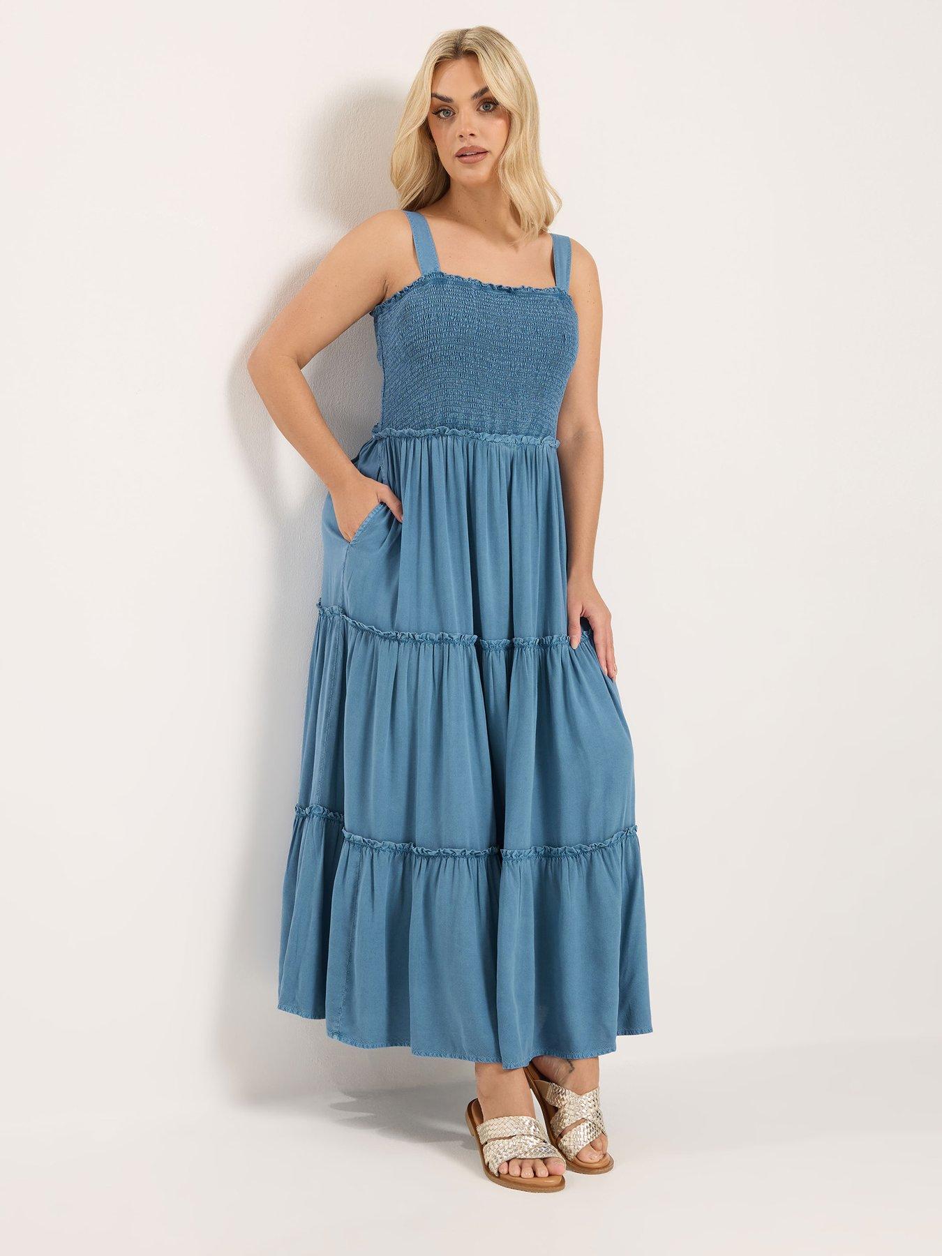 Yours Curve Shirred Strappy Chambray Maxi Dress - Blue
