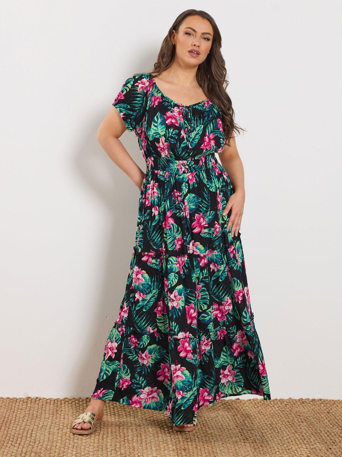 Yours Curve Tropical Tie Neck Bardot Maxi Dress - Black