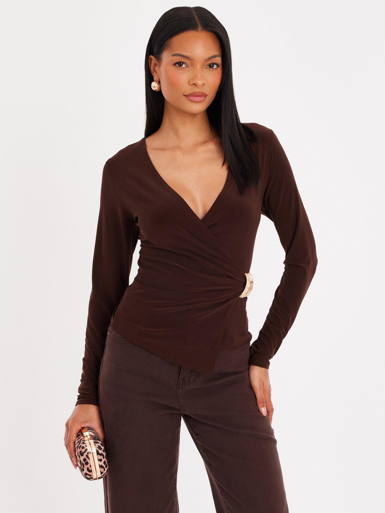 Quiz Brown Wrap Buckle Detail Top