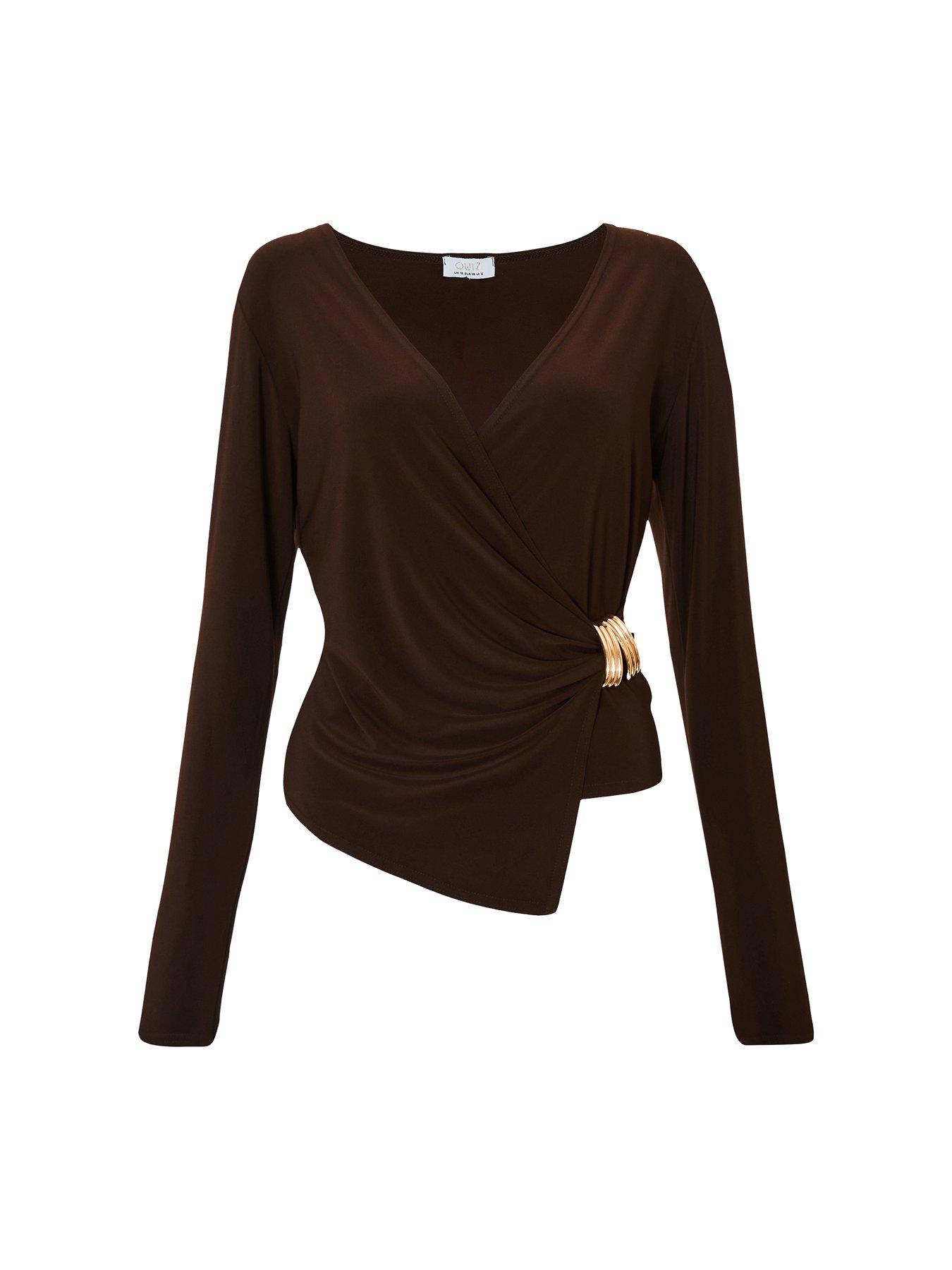 Image 4 of 6 of Quiz Brown Wrap Buckle Detail Top