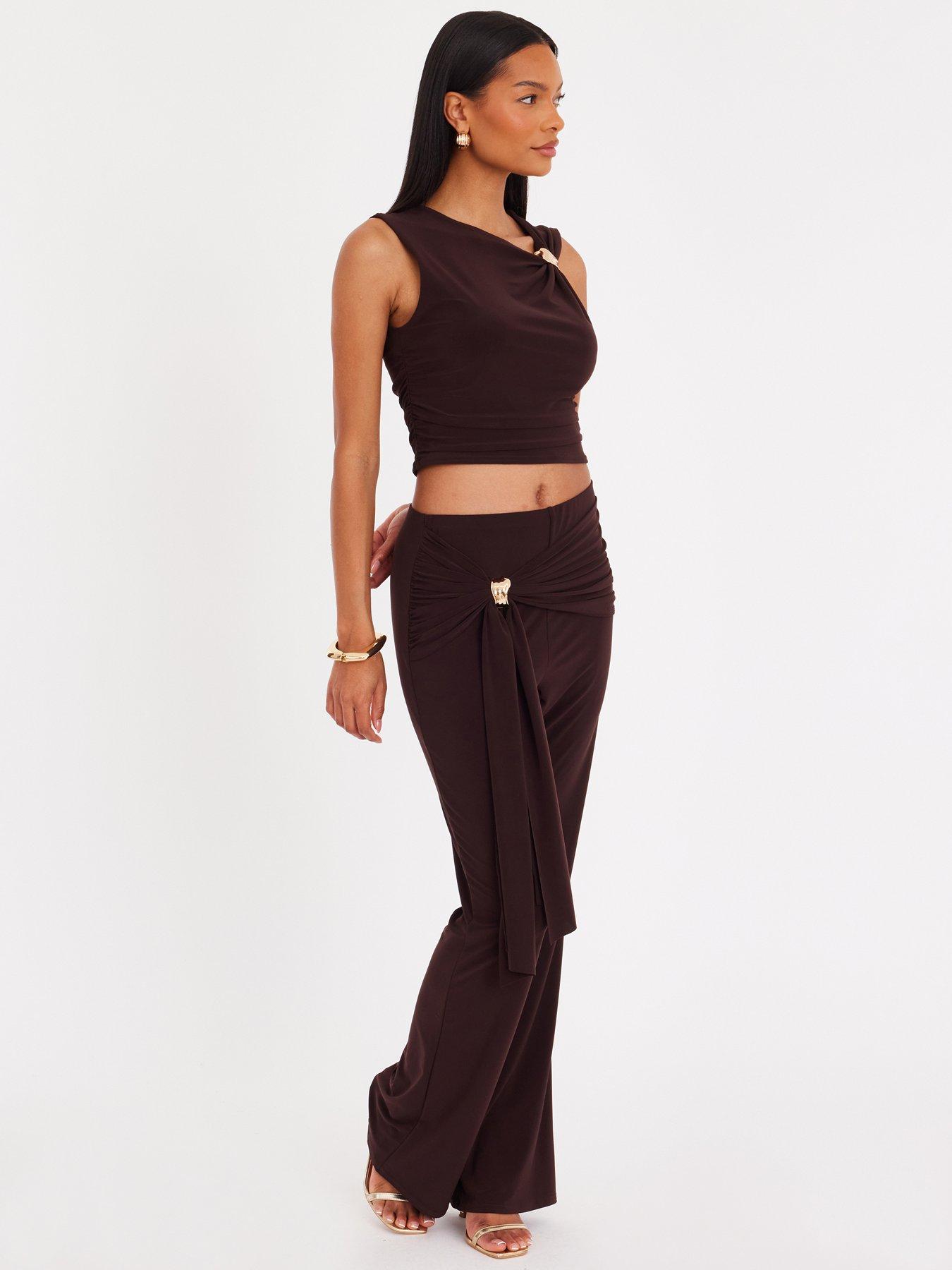 Image 3 of 6 of Quiz Brown Gold Trim Cropped Top