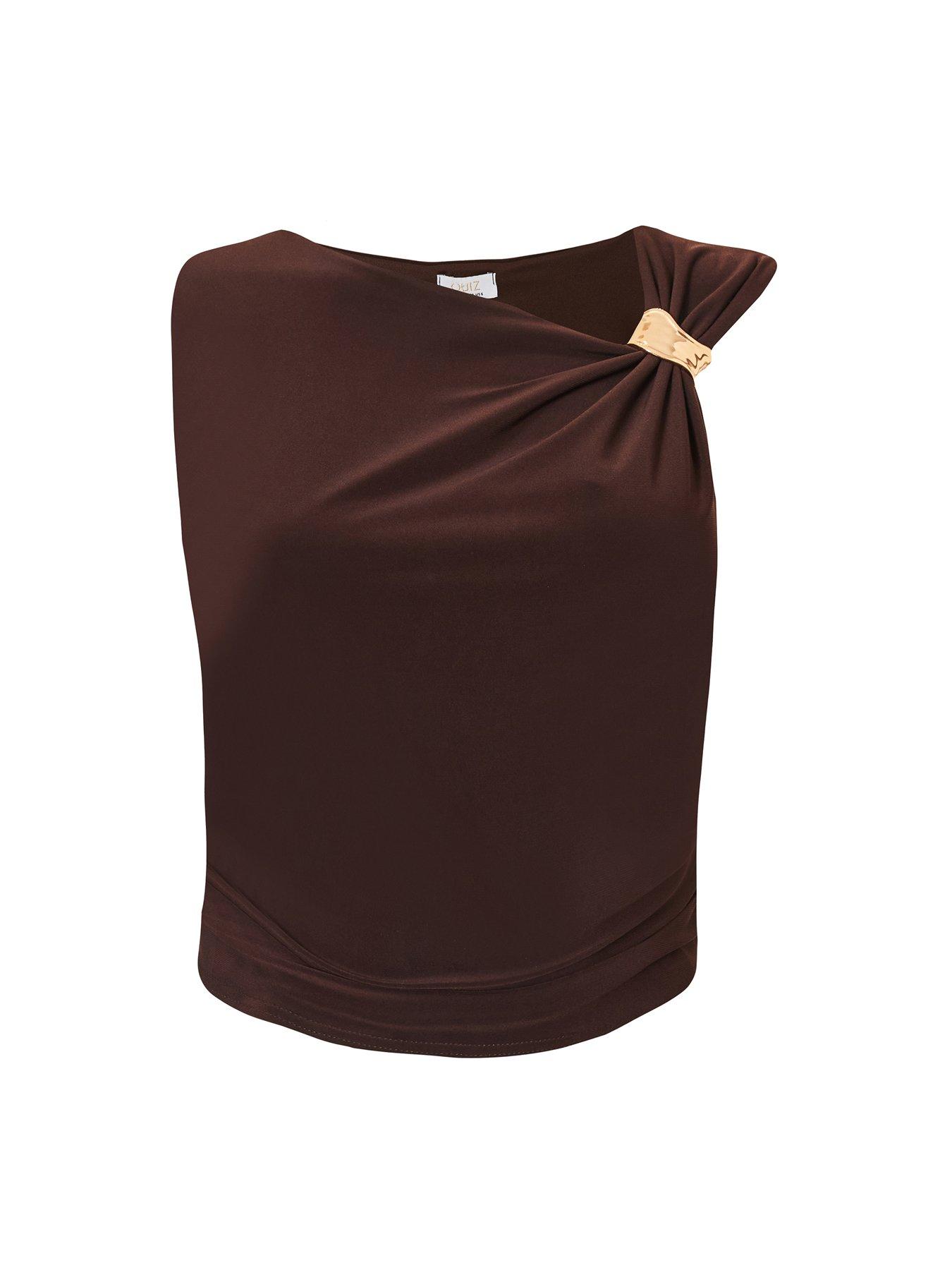 Image 4 of 6 of Quiz Brown Gold Trim Cropped Top